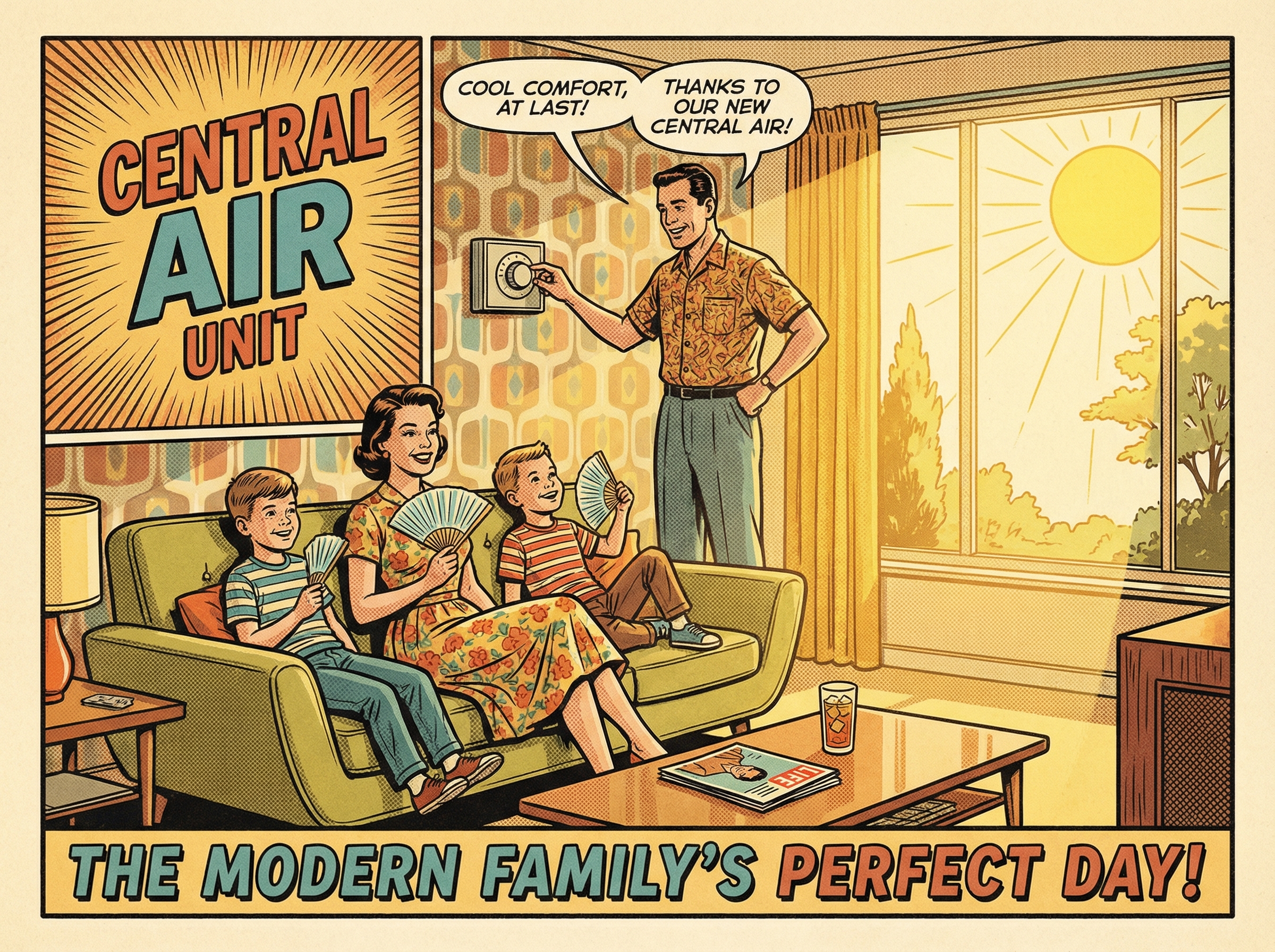 A vintage-inspired illustration depicting a family gathered in their living room, enjoying the comfort provided by a central 
