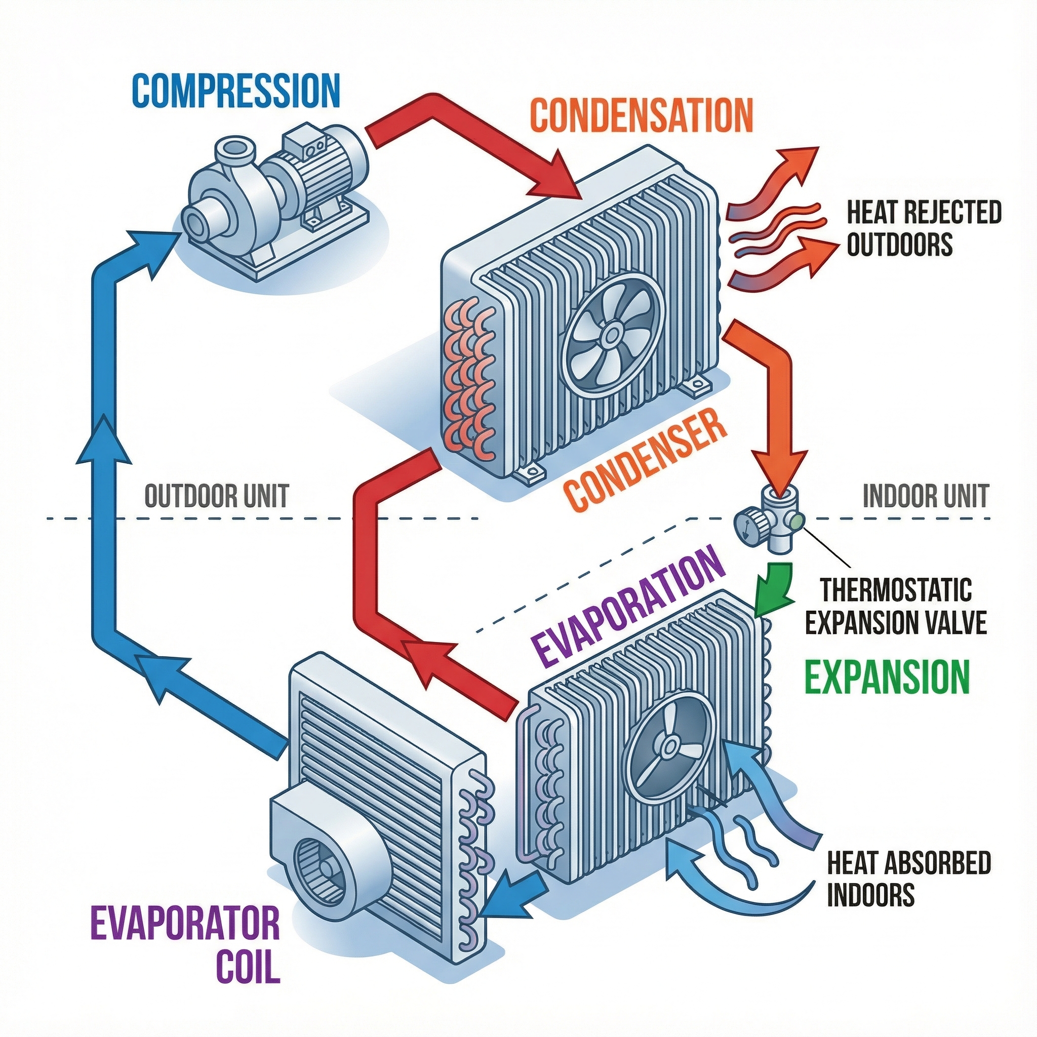 An educational diagram illustrating the vapor compression cycle used in central air conditioning systems