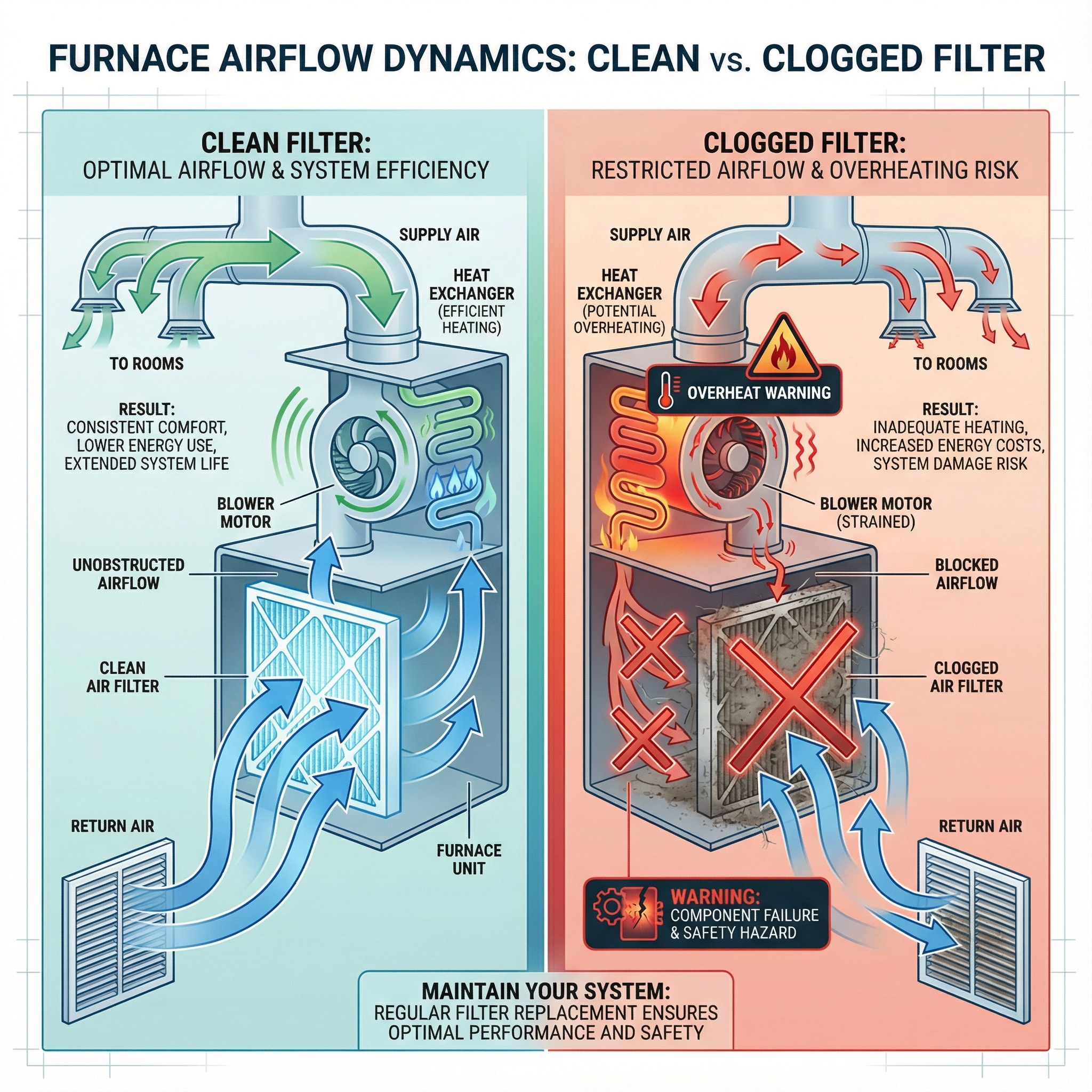 An informative diagram showing the airflow dynamics in a furnace system with a clean versus a clogged filter