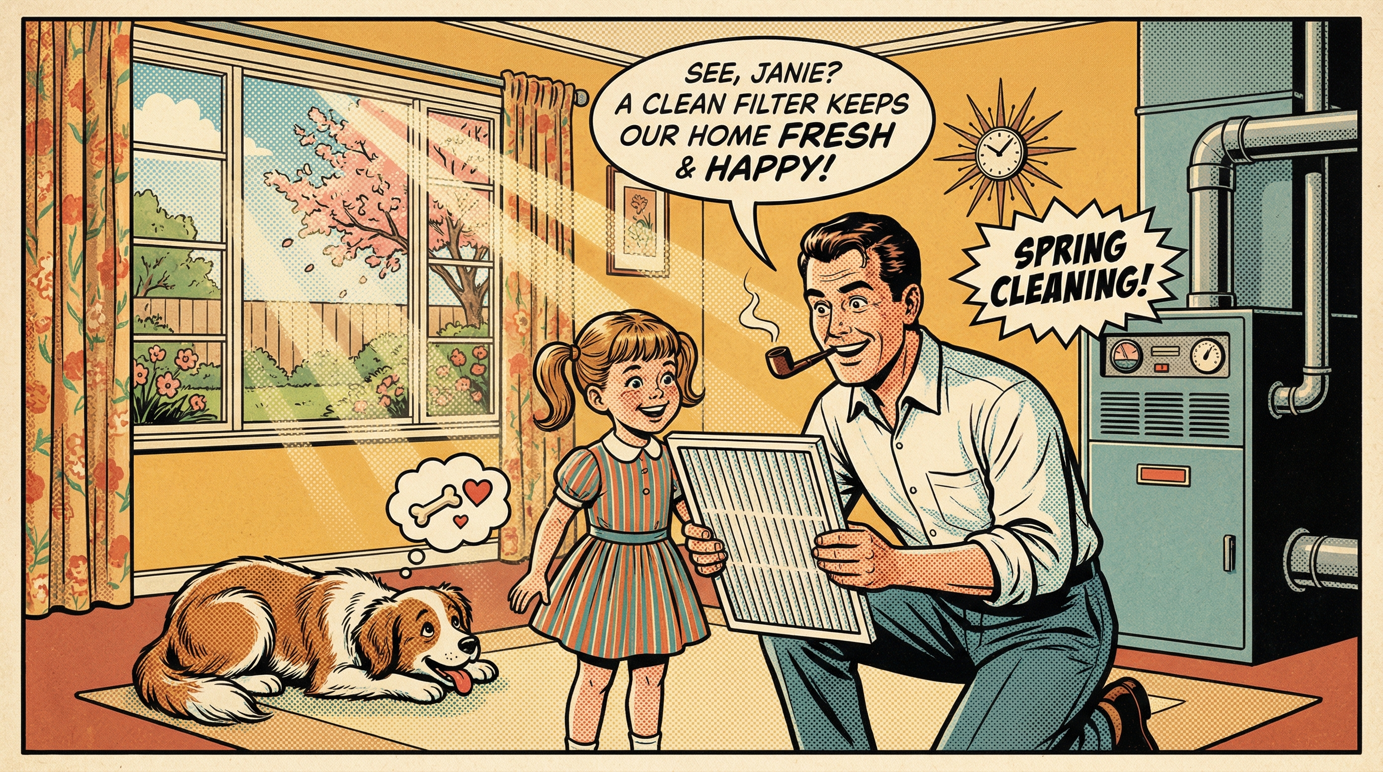 A family gathered in their cozy living room during springtime, with sunlight streaming through the windows