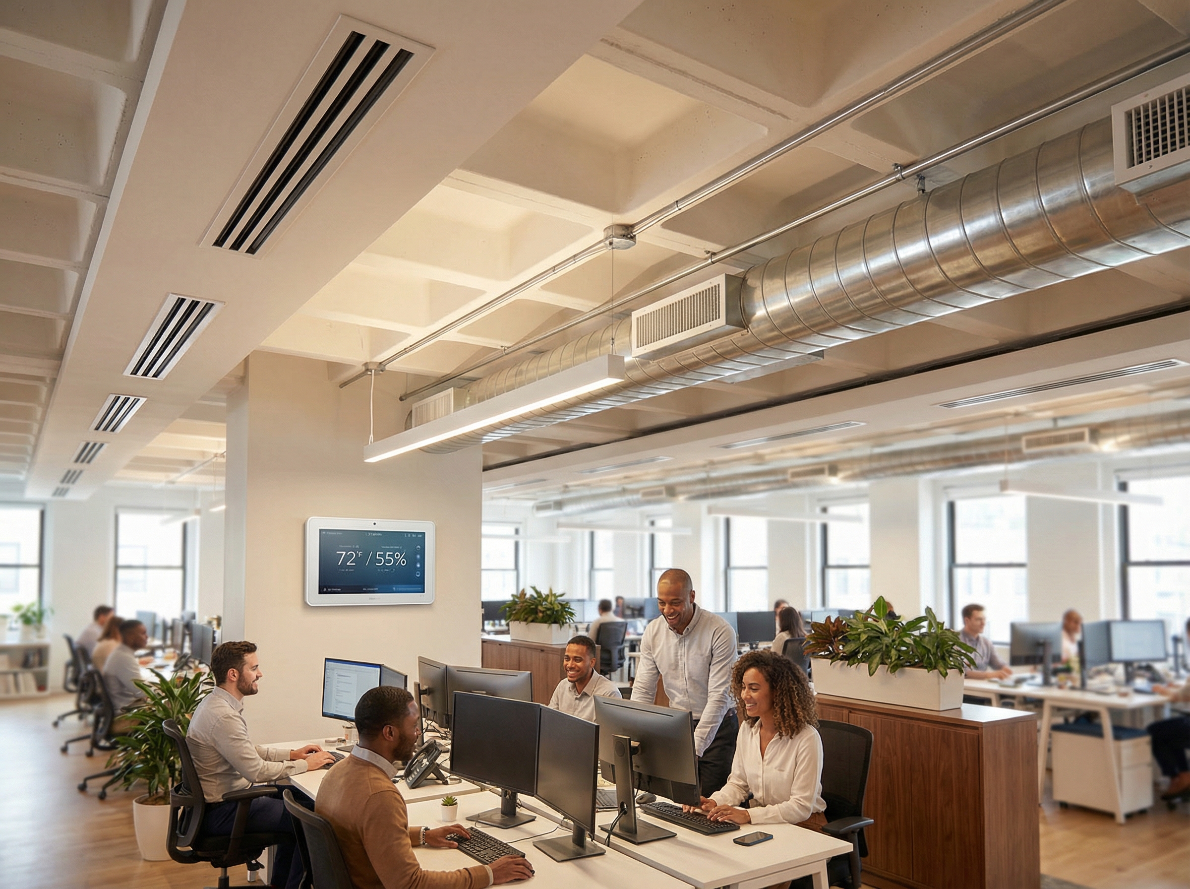 A professional office workspace showcasing a modern HVAC system integrated into the ceiling