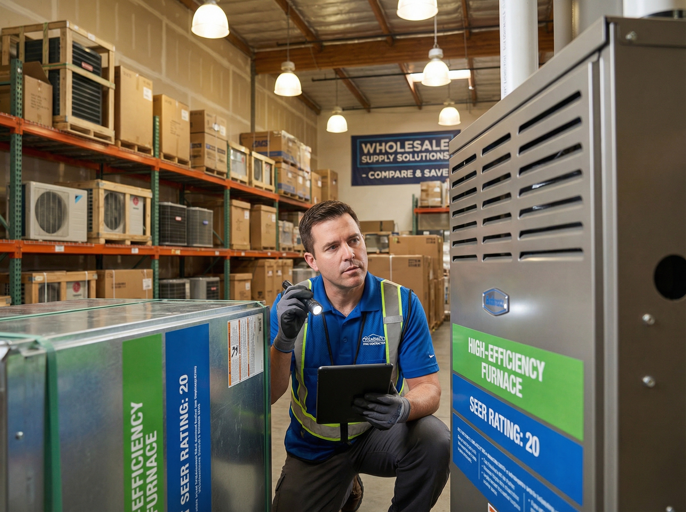 A comprehensive view of various HVAC systems, including central AC units and heat pumps in a well-organized warehouse environ
