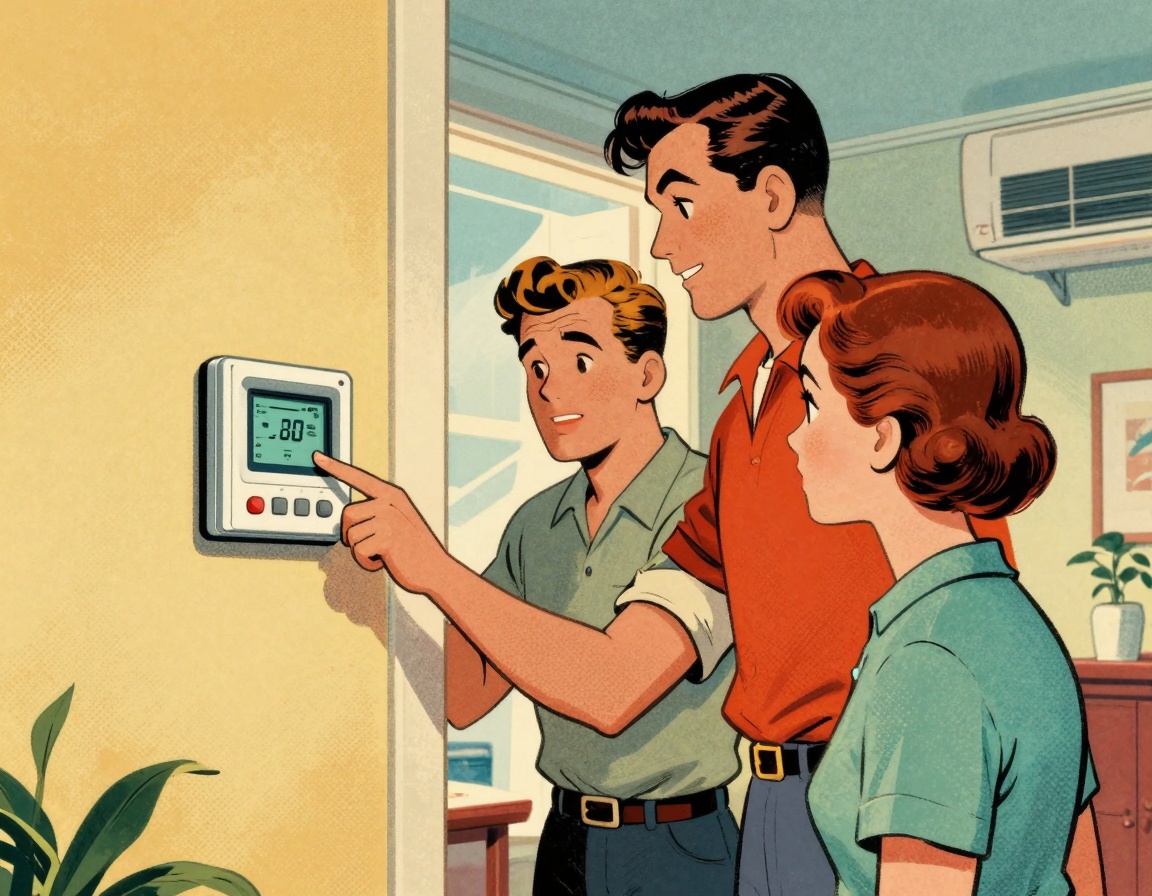 An HVAC technician working inside a modern home, adjusting the settings on a digital thermostat while explaining the importan