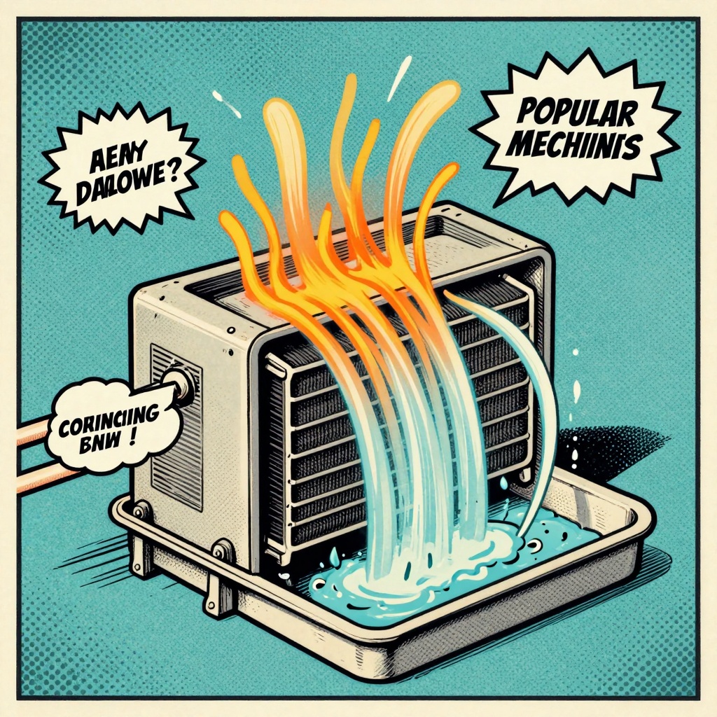 An educational illustration showing a cross-section of an HVAC system in action, highlighting the evaporator coil, condensate