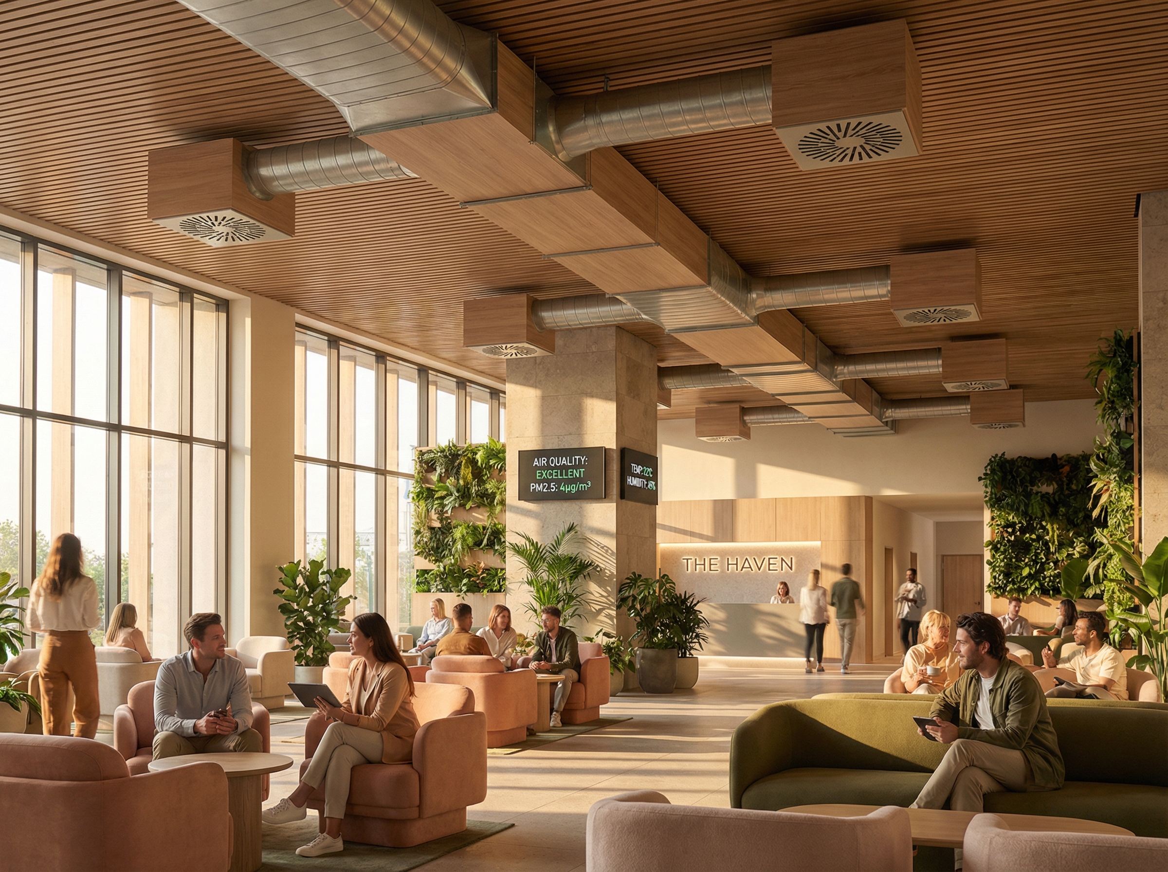 A modern hotel lobby showcasing an HVAC system integrated into the ceiling, with guests comfortably seated in lounge areas