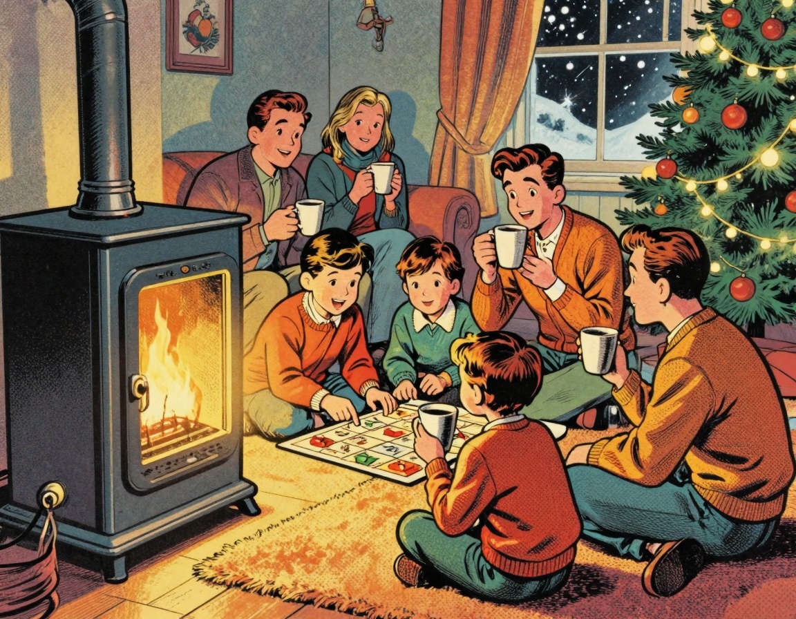 A cozy living room scene featuring a family happily gathered around a vintage-style furnace during a cold winter night