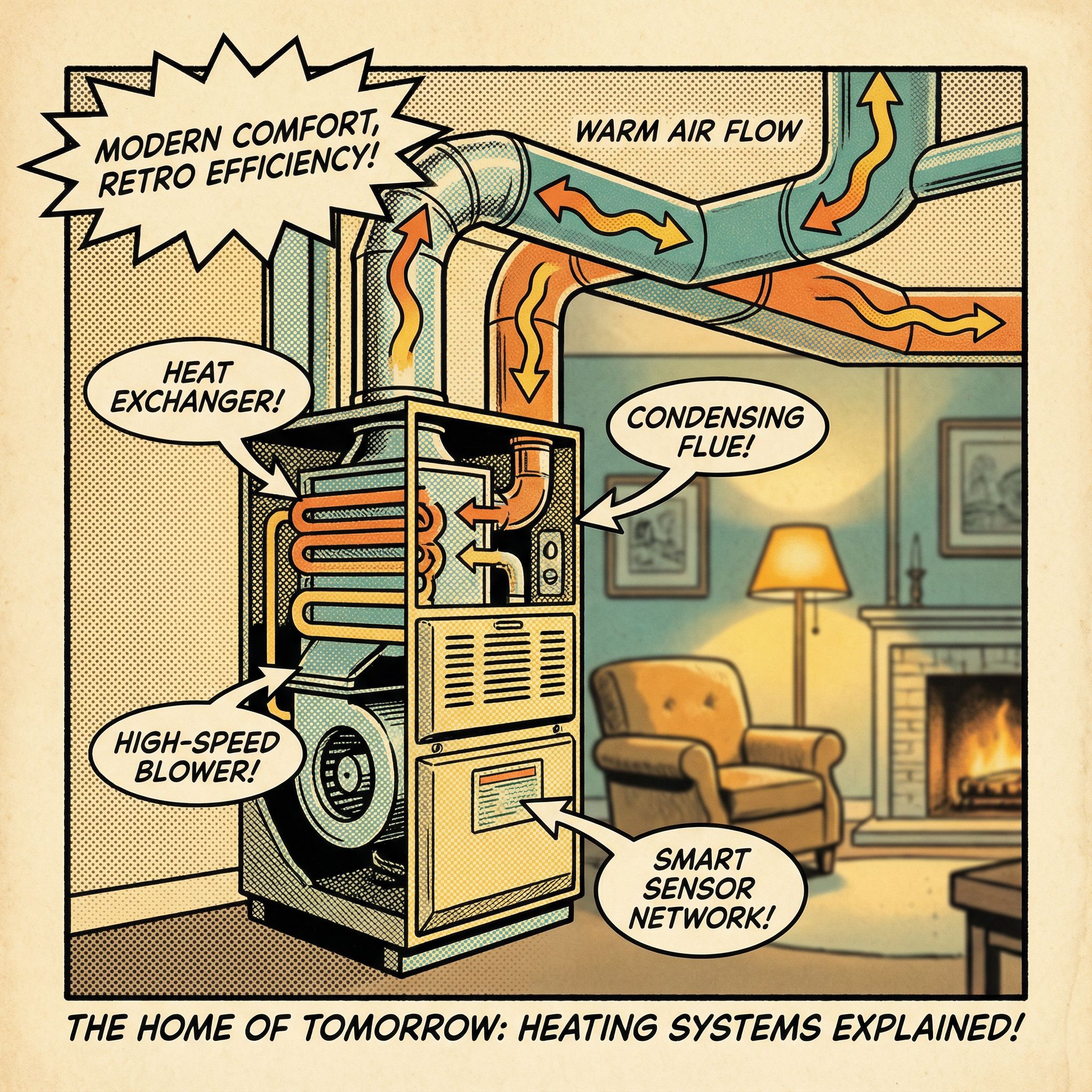 A cutaway view of a high-efficiency furnace operated in a modern home setting featuring furnace illustration and heating syst
