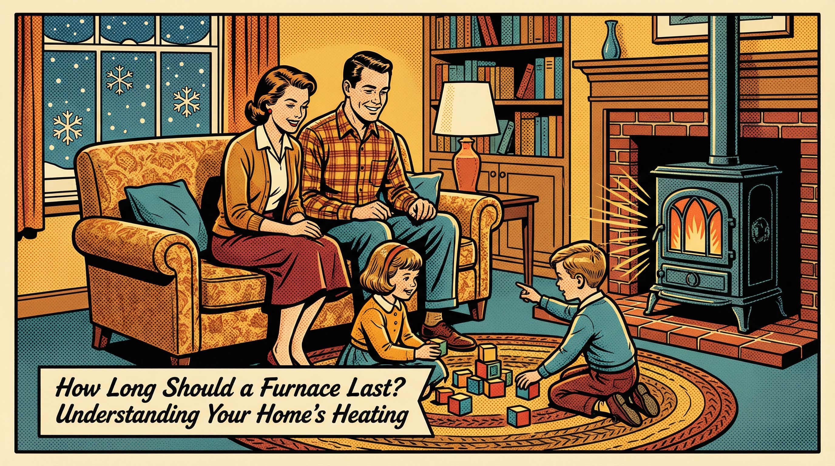 A cozy living room scene showing a family gathered around a vintage furnace