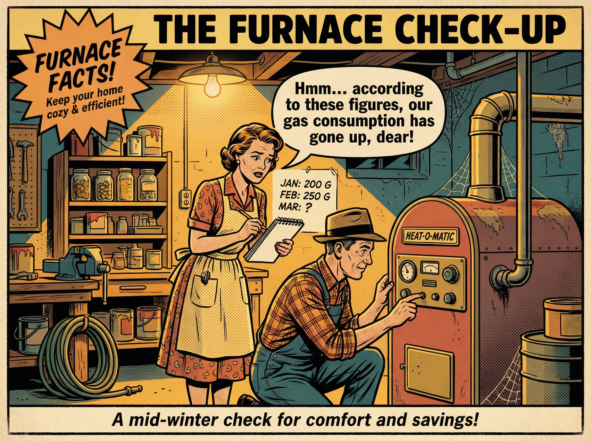 A vintage 1950s-style comic illustration depicting a middle-aged couple inspecting their gas furnace in a cozy home setting