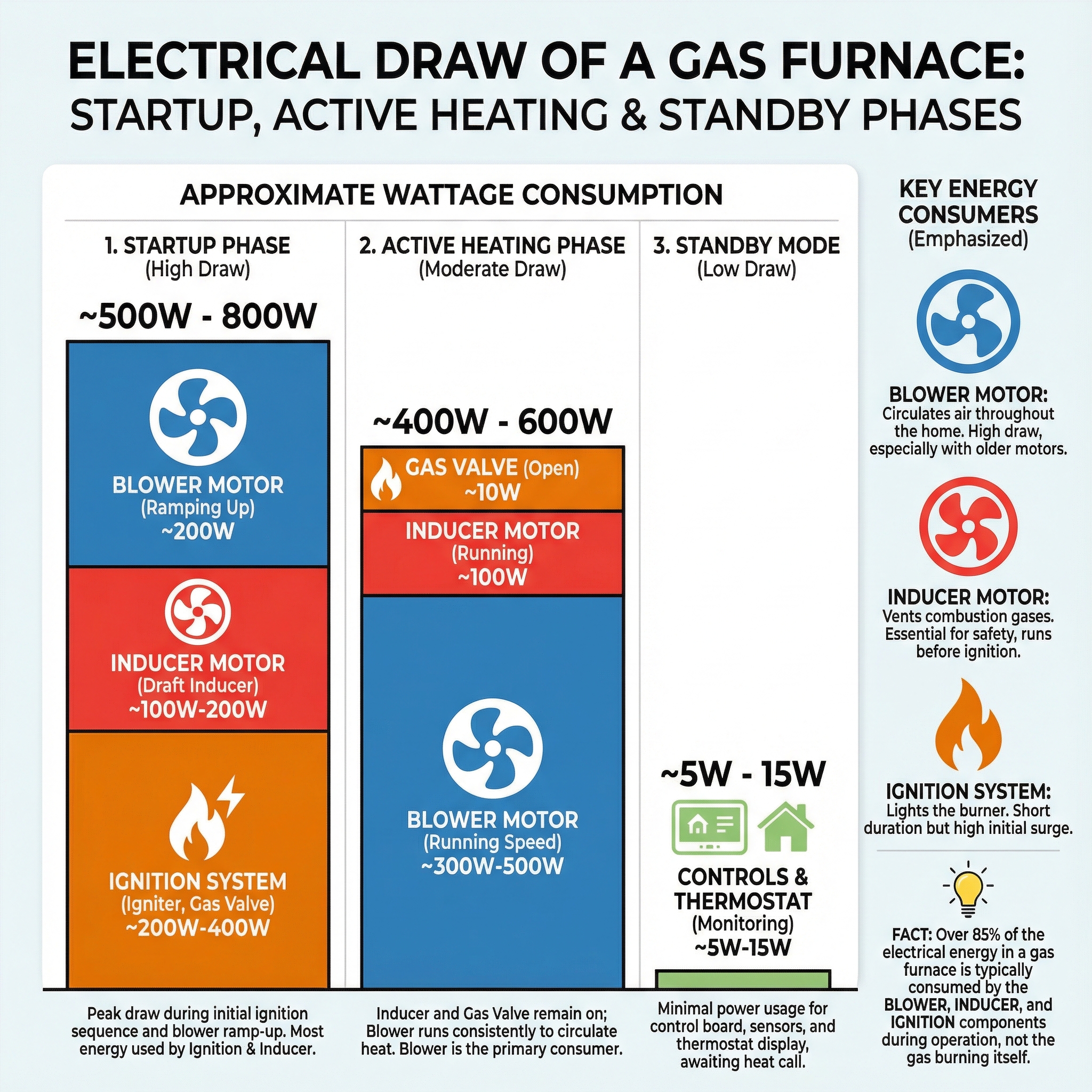An infographic illustrating the electrical draw of a gas furnace during different operational phases, including startup, acti