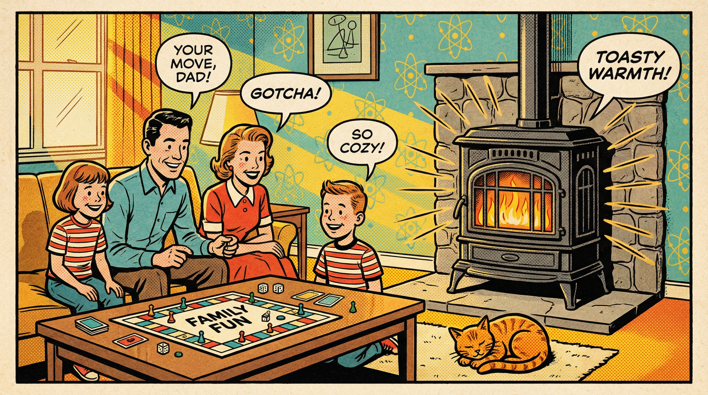 A family gathered in a cozy living room, showcasing a vintage gas furnace in the corner, complete with warm orange flames vis