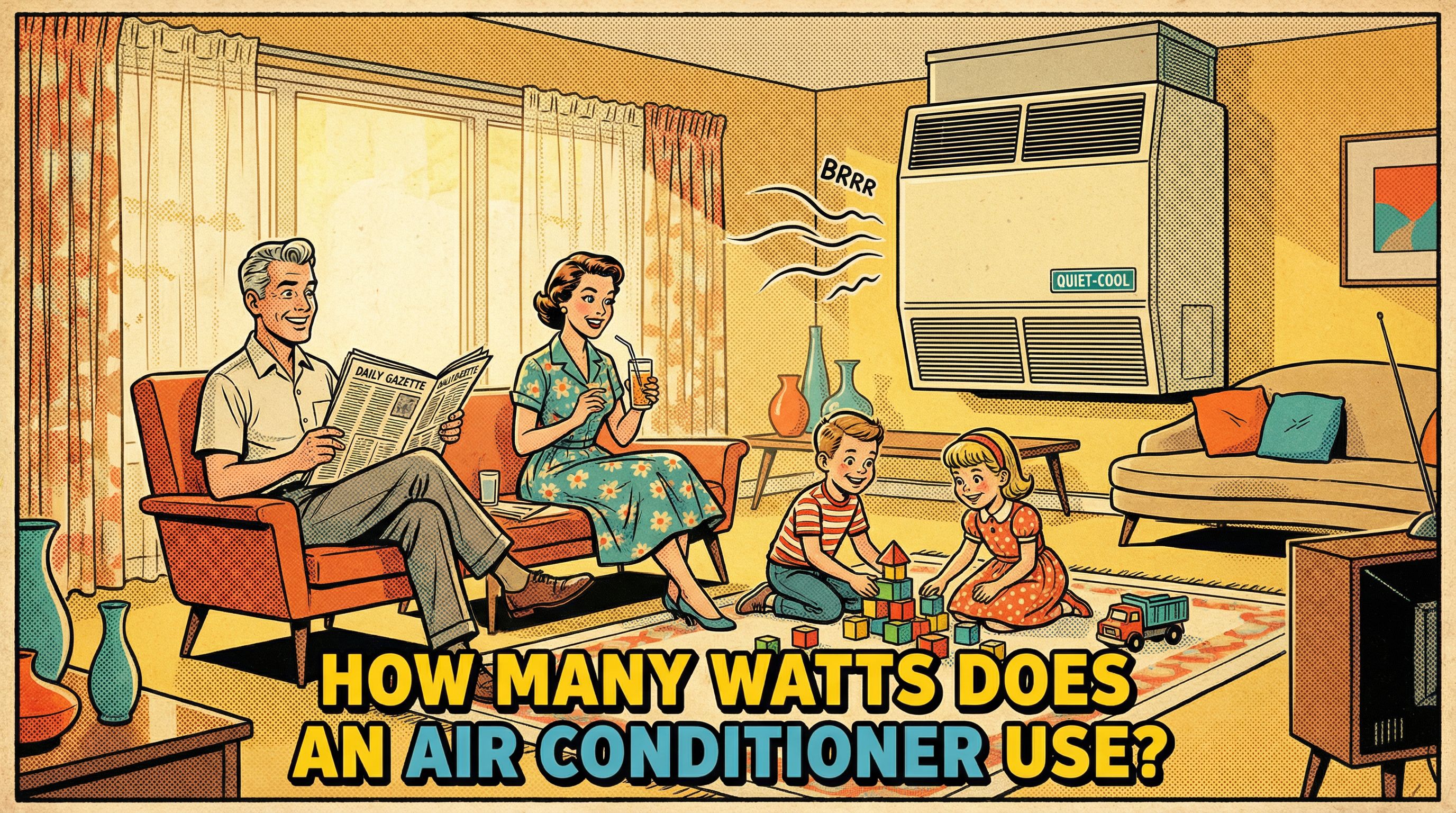 A lively family scene in a vintage-styled living room during a hot summer day, featuring a central air conditioner in action