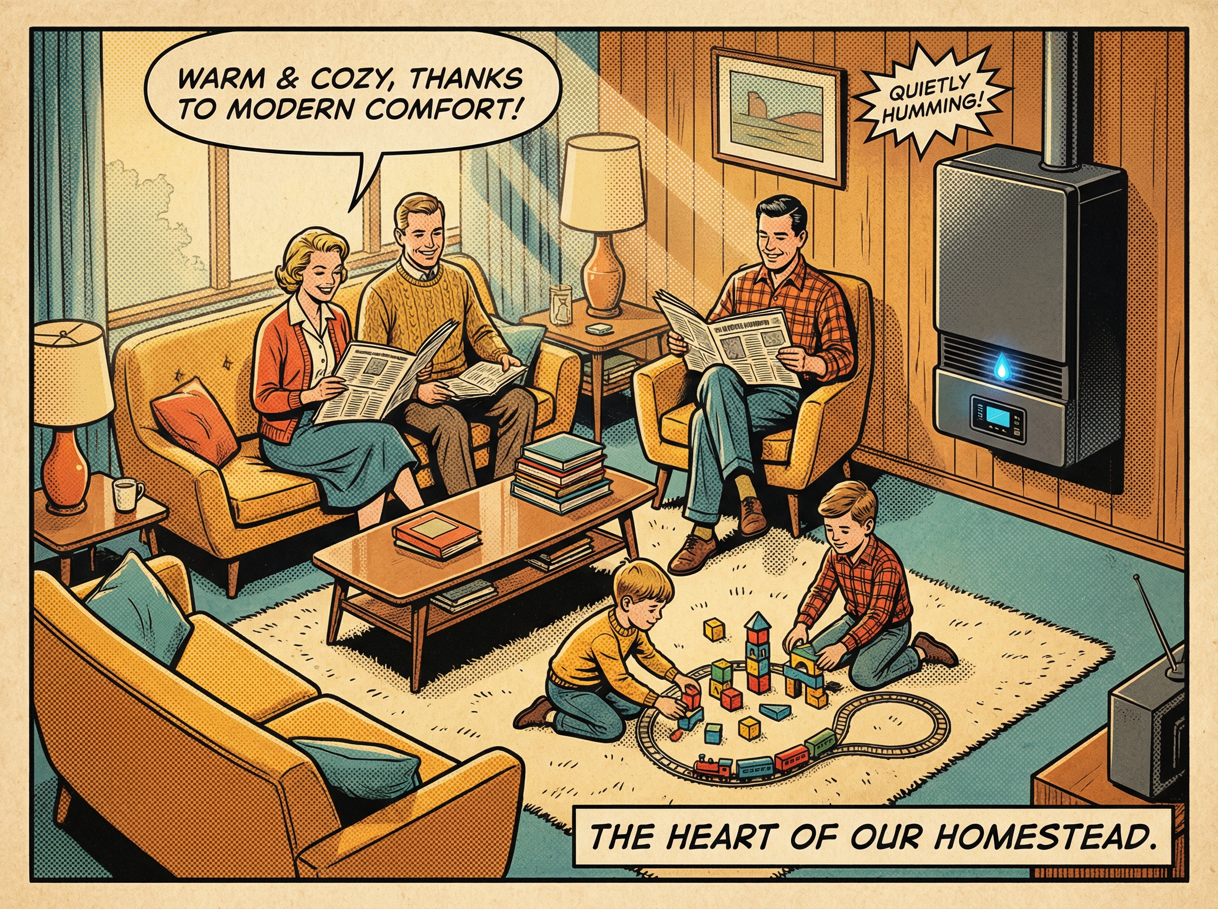 A vintage-style illustration of a family comfortably interacting in their warm living room