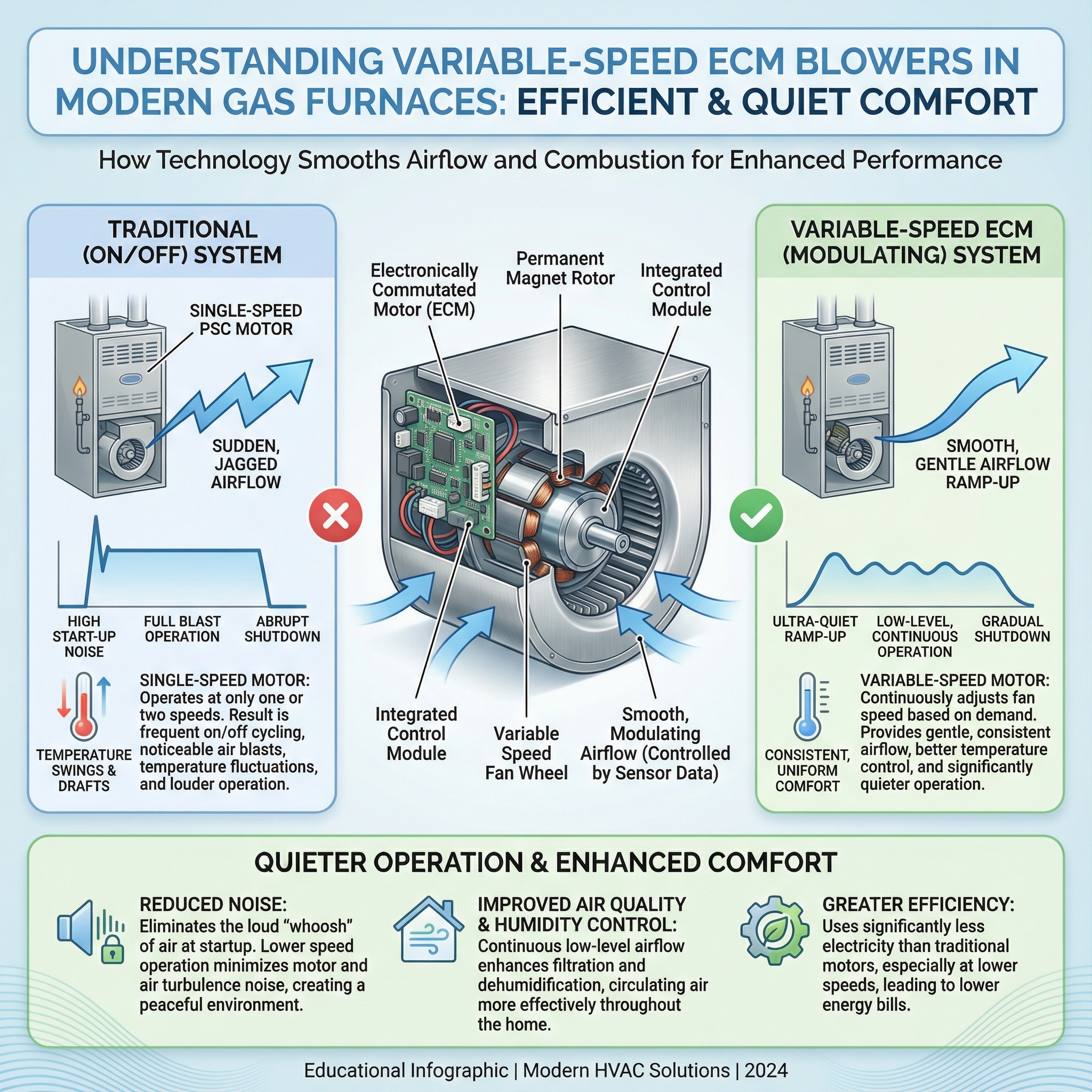 An educational infographic illustrating the mechanism of variable-speed ECM blowers in modern gas furnaces