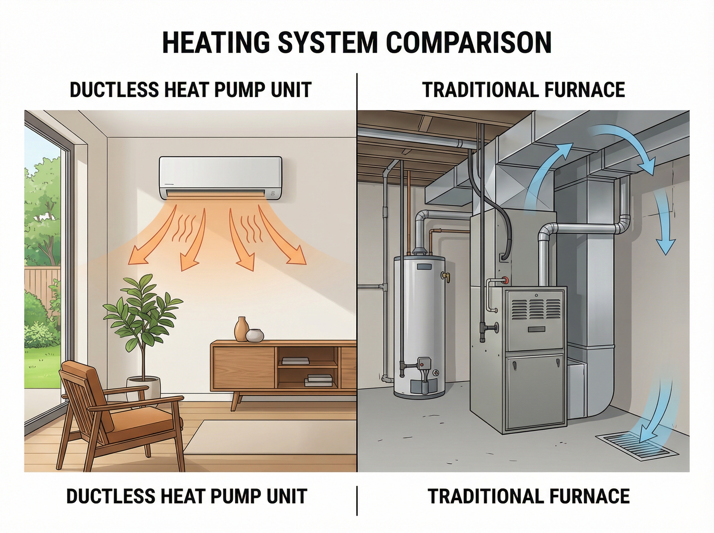 A side-by-side comparison illustration featuring a ductless heat pump unit and a traditional furnace, highlighting the differ