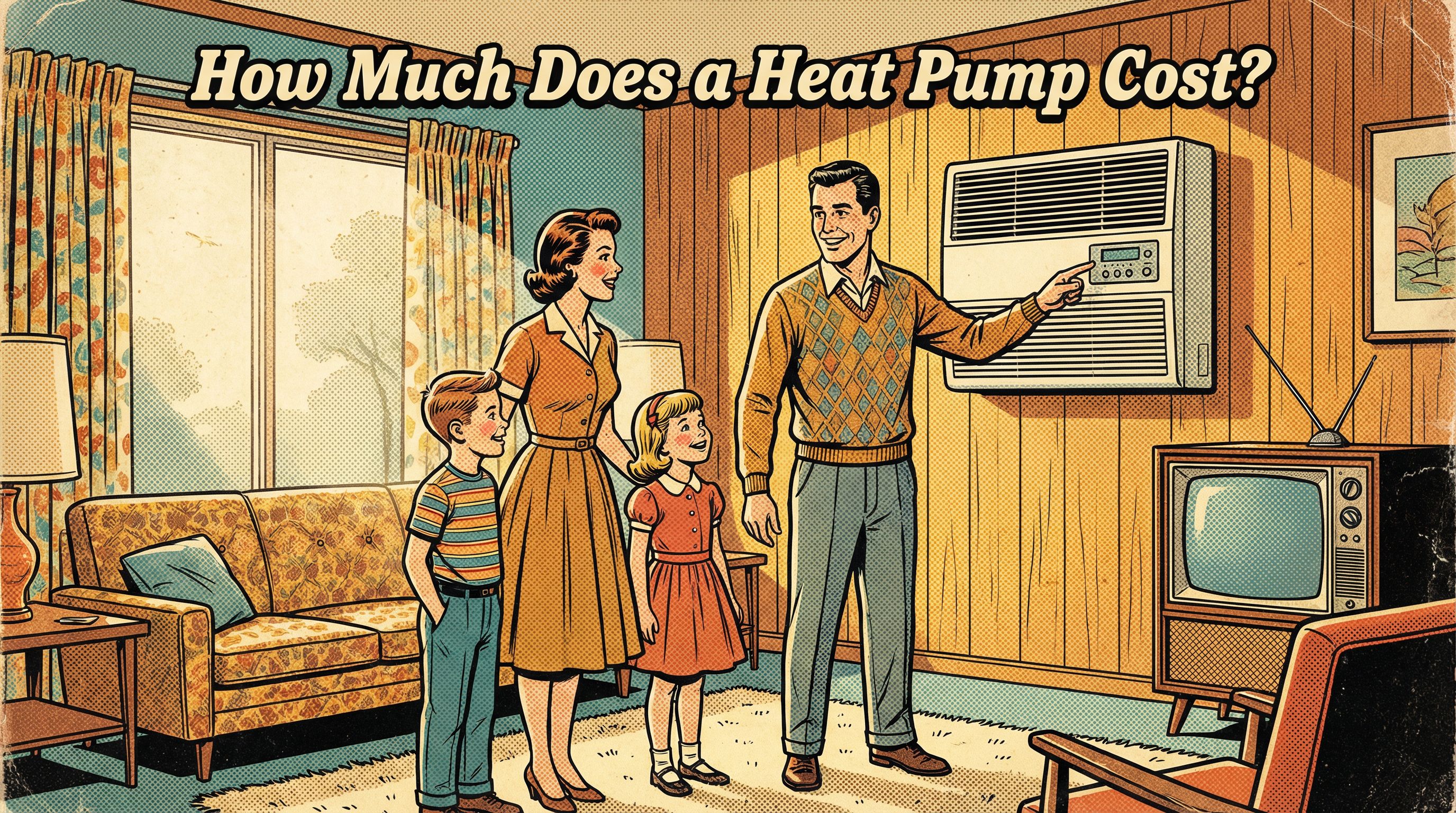 A cheerful family gathered in their cozy living room, interacting with their newly installed heat pump system