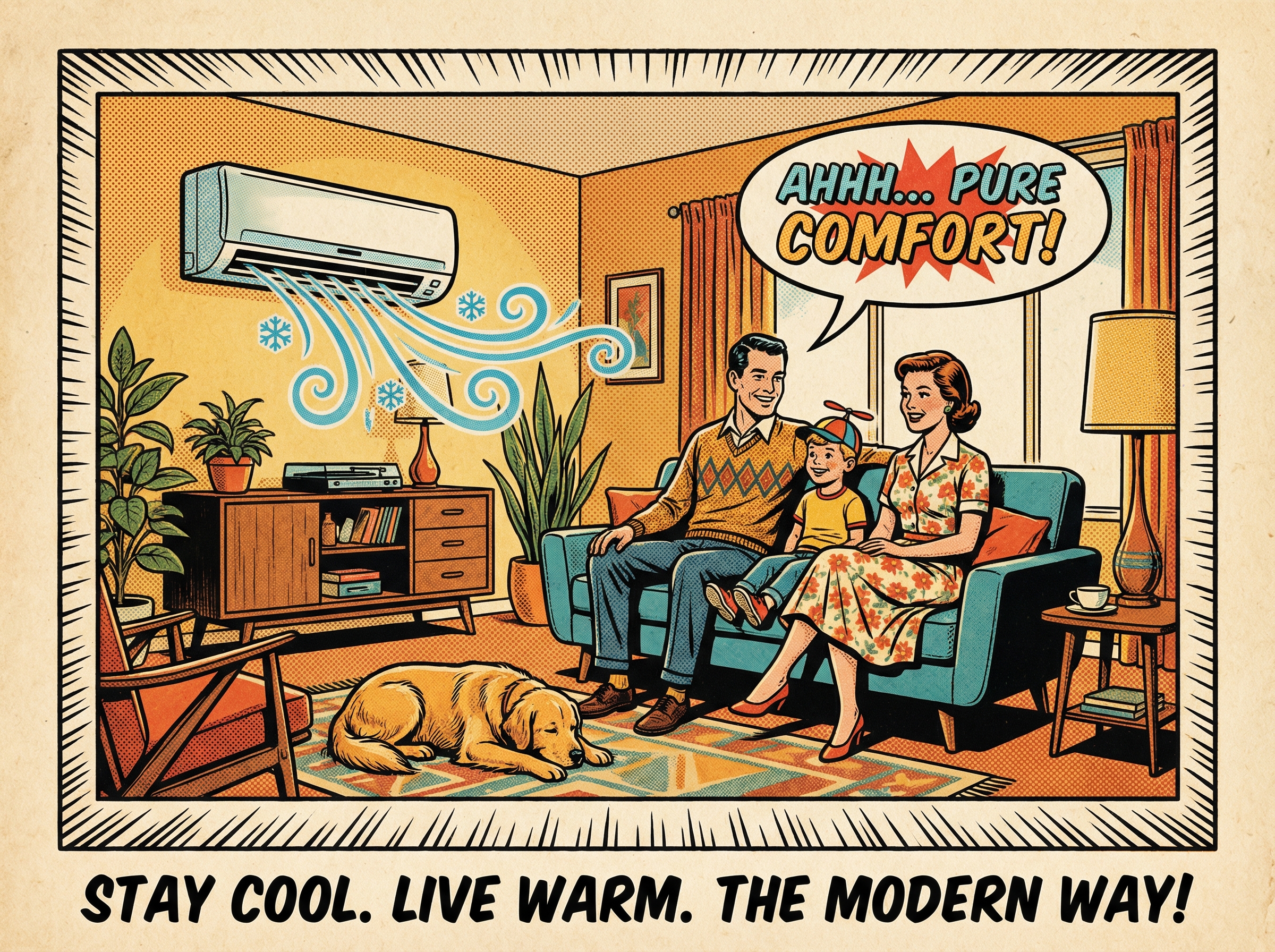 A vintage-style illustration depicting a family in their cozy living room, enjoying the comfort of a mini split air condition