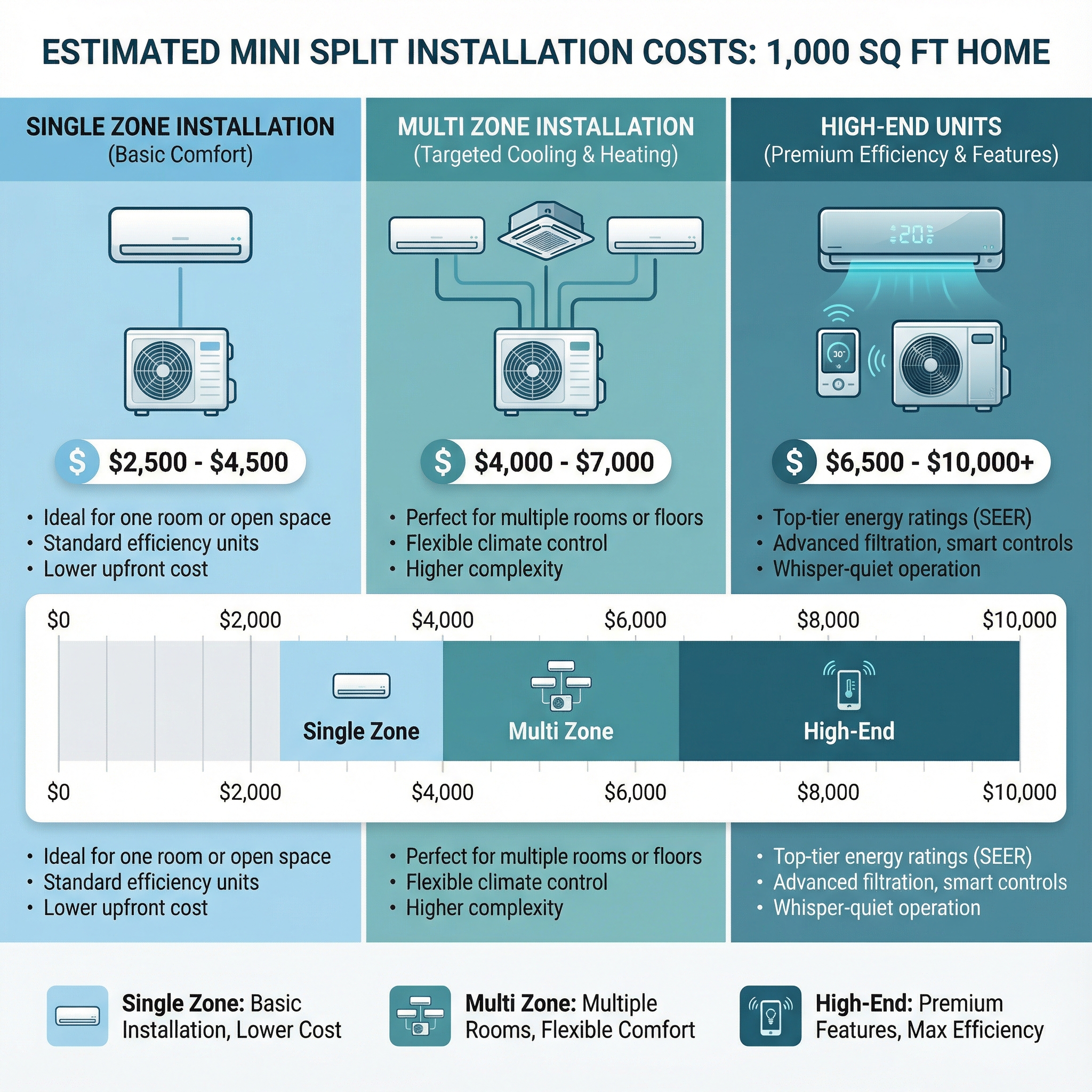 An infographic showing the estimated costs of installing a mini split system in a 1,000 square foot home