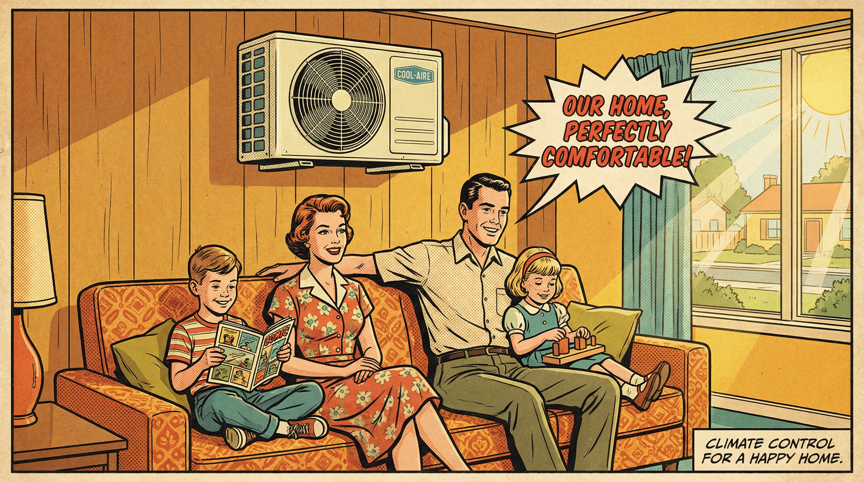 A beautifully illustrated scene of a family enjoying comfort in their living room, with a vintage mini split air conditioning
