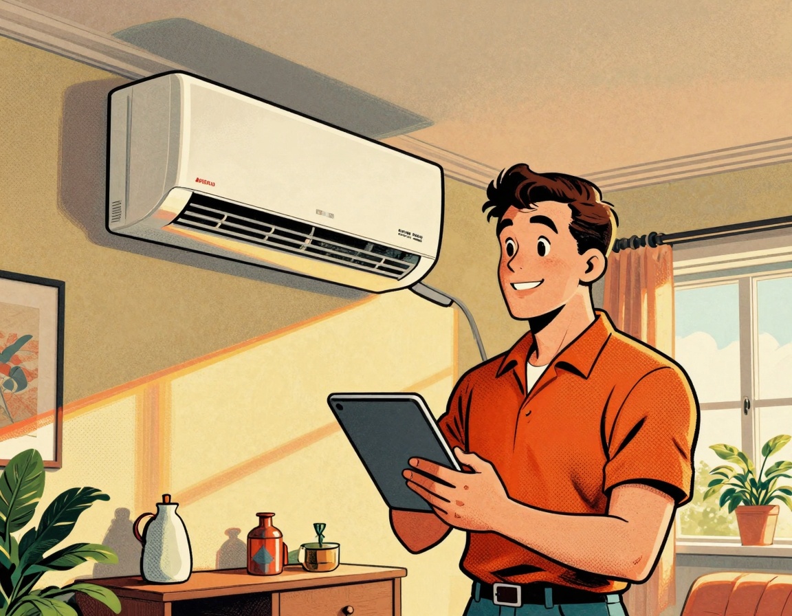 A homeowner is inspecting a sleek Mitsubishi mini-split system installed in a modern living room