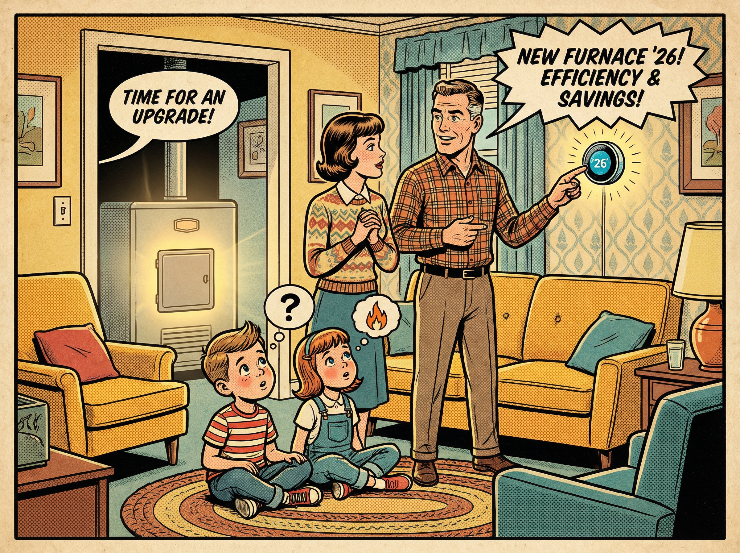 A family in their cozy living room, discussing the importance of upgrading to a new furnace in 2026