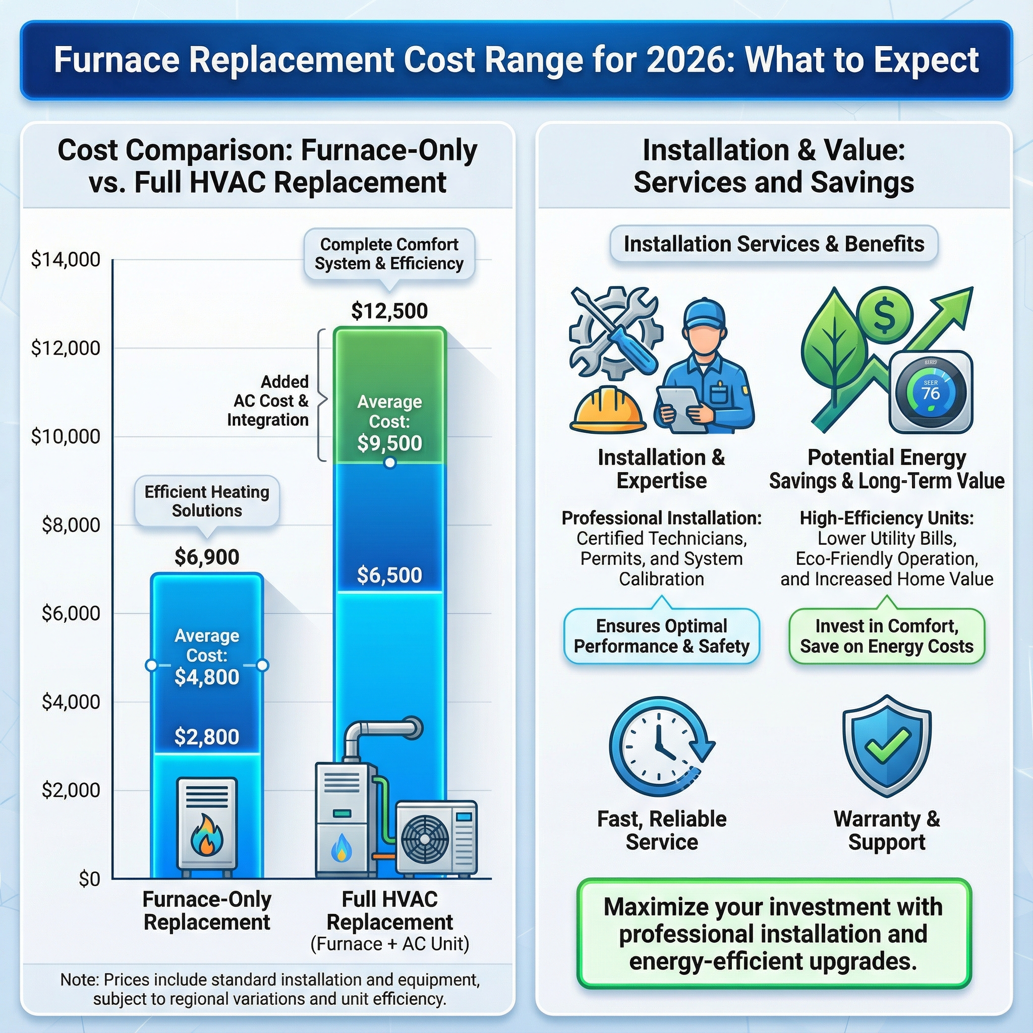 An informative infographic illustrating the cost range for furnace replacements in 2026