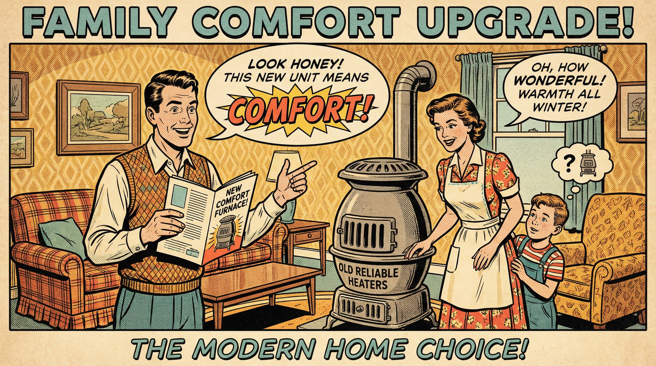 A vibrant 1950s American family gathered in their cozy living room, with a cheerful atmosphere as they discuss the installati