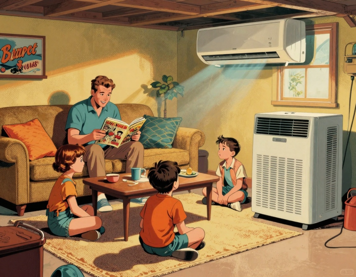 A mid-century family gathered in their finished basement, enjoying a summer day with a portable air conditioning unit cooling