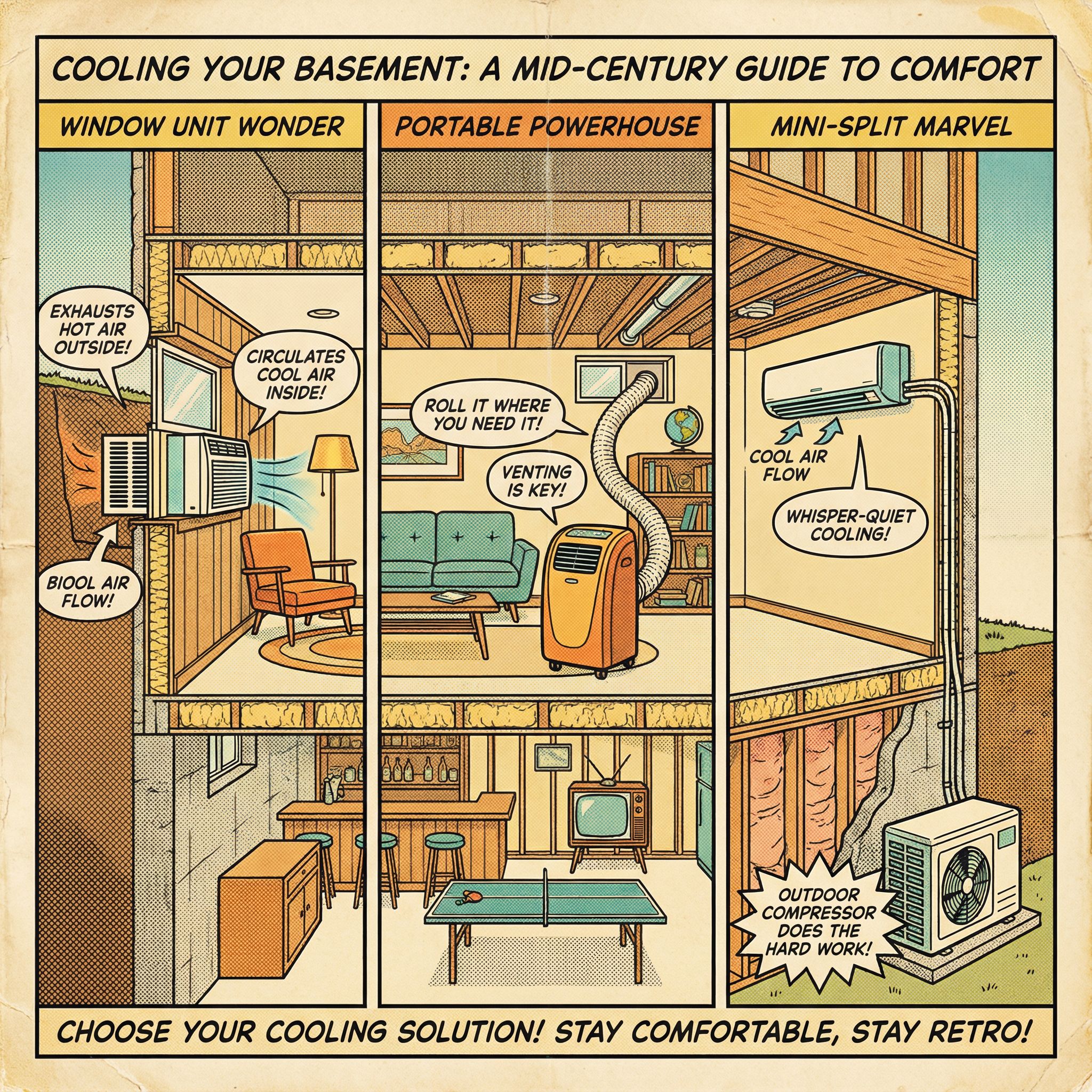 A cross-section view of a finished basement displaying different types of air conditioning systems: a window unit, portable u