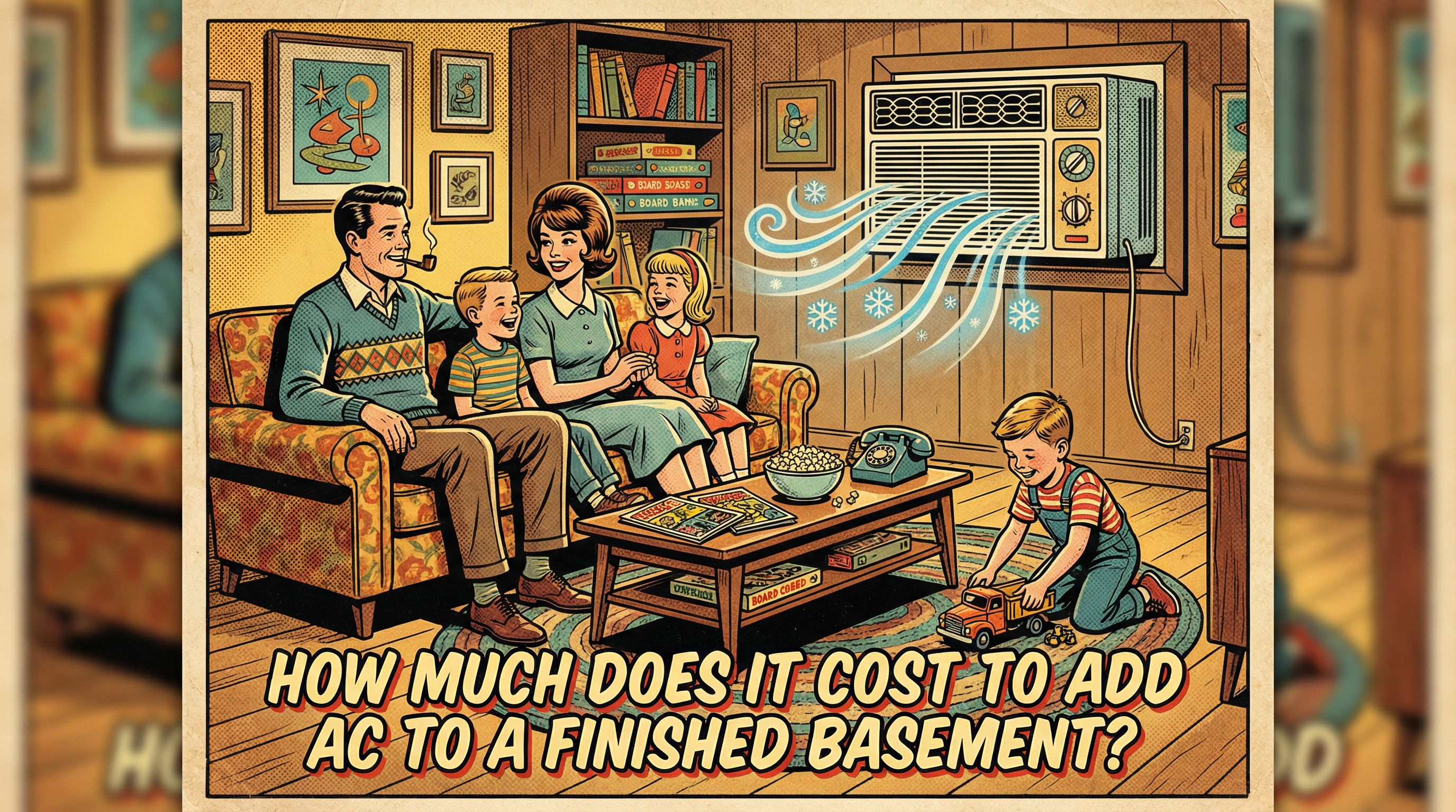 A cozy, retro-styled finished basement living area featuring a family enjoying their time together