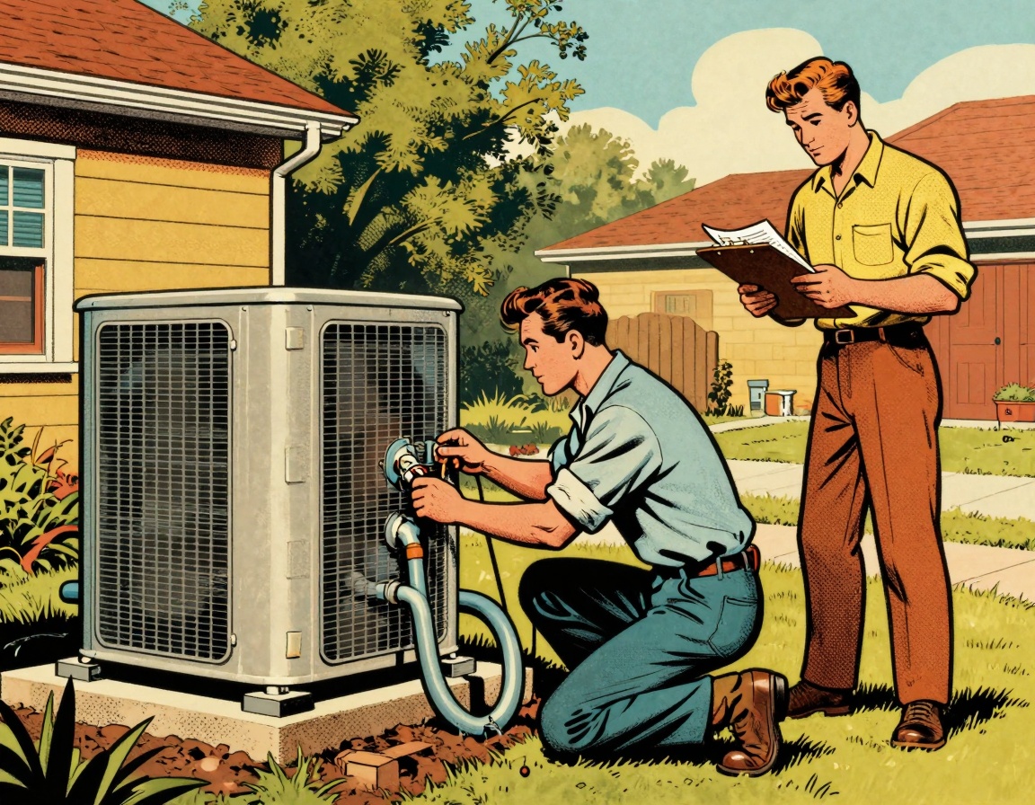 A skilled technician working on the installation of a geothermal heat pump system in a suburban backyard
