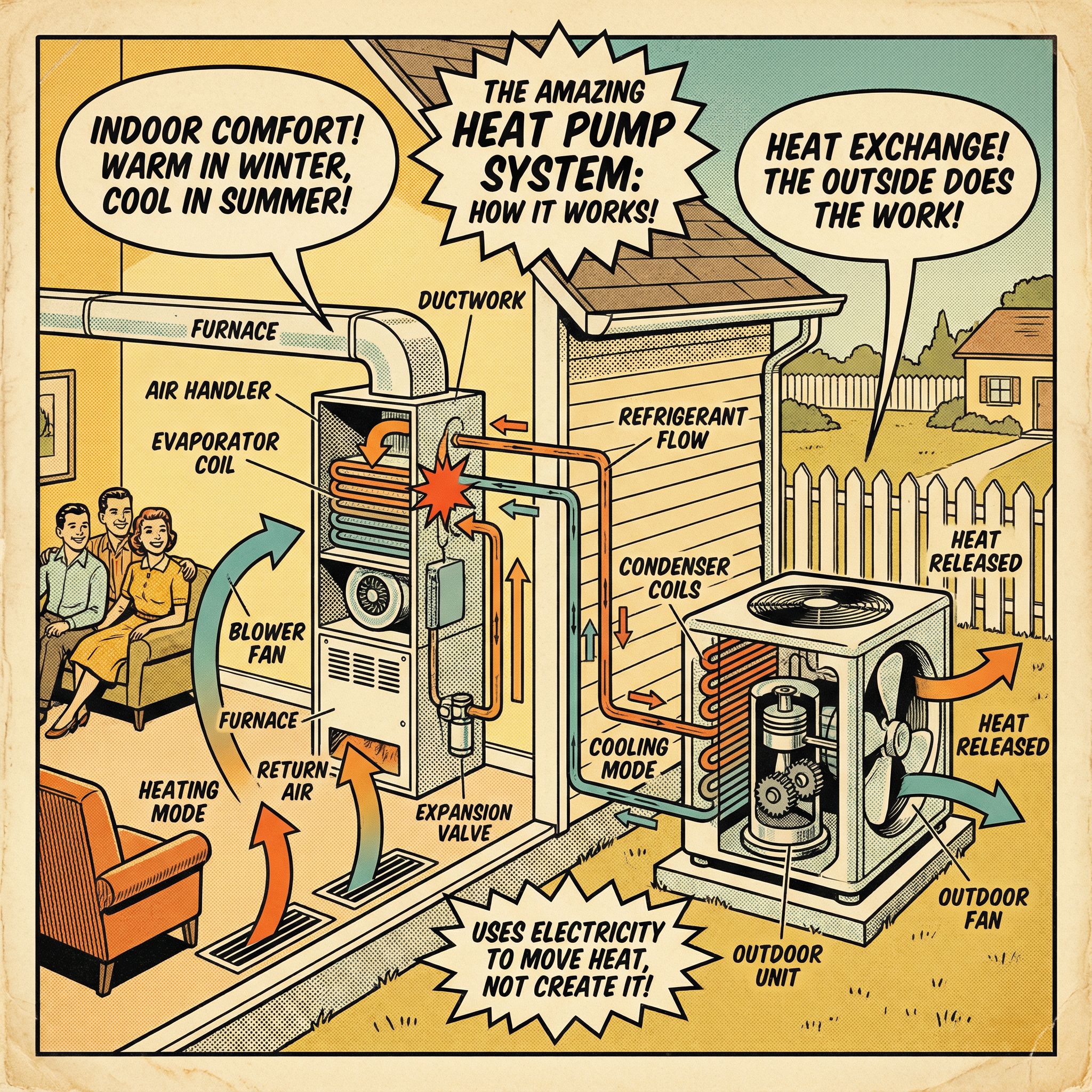 A cutaway view of a heat pump system, showcasing both the indoor and outdoor units along with the piping and ductwork