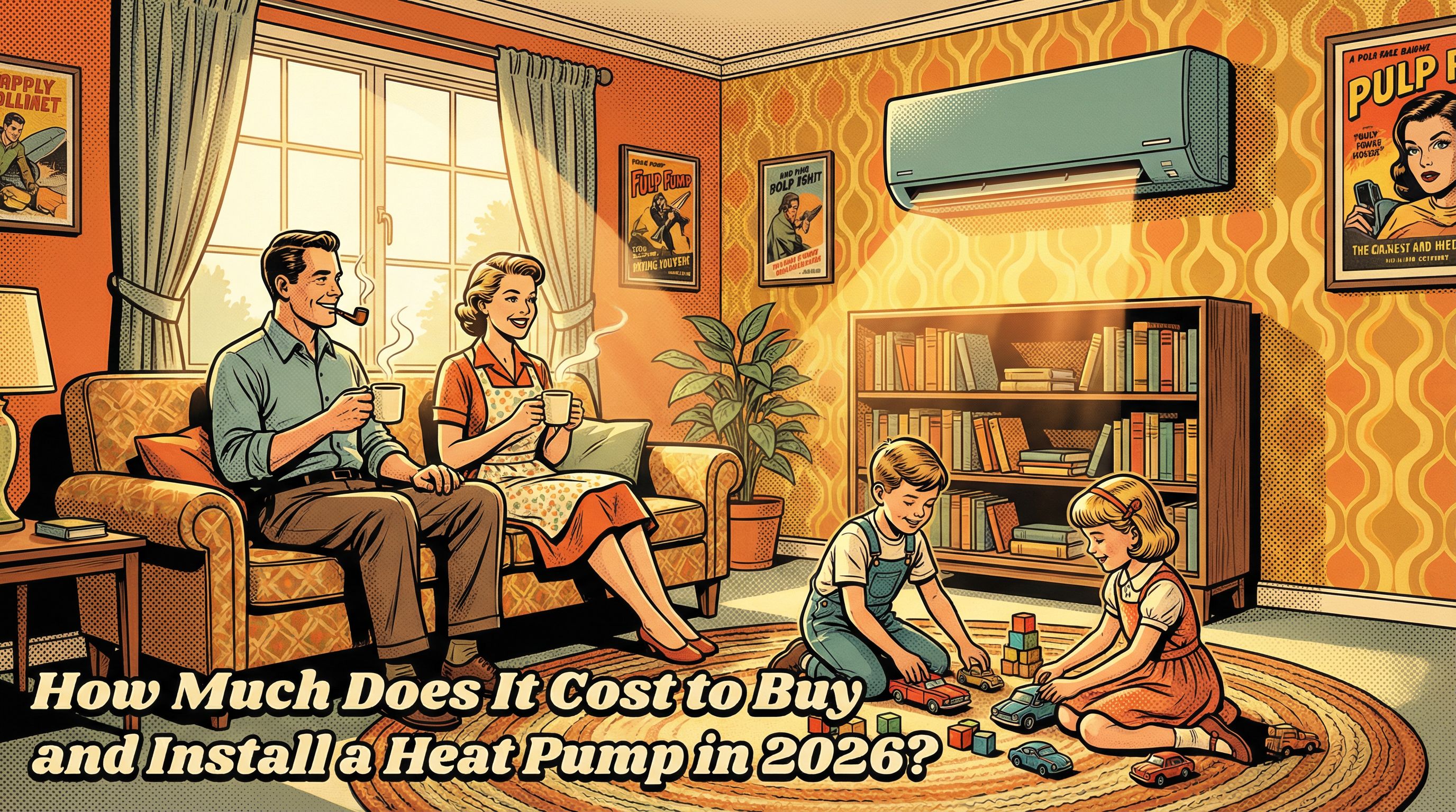 A cozy living room scene showcasing a modern heat pump installed on the wall
