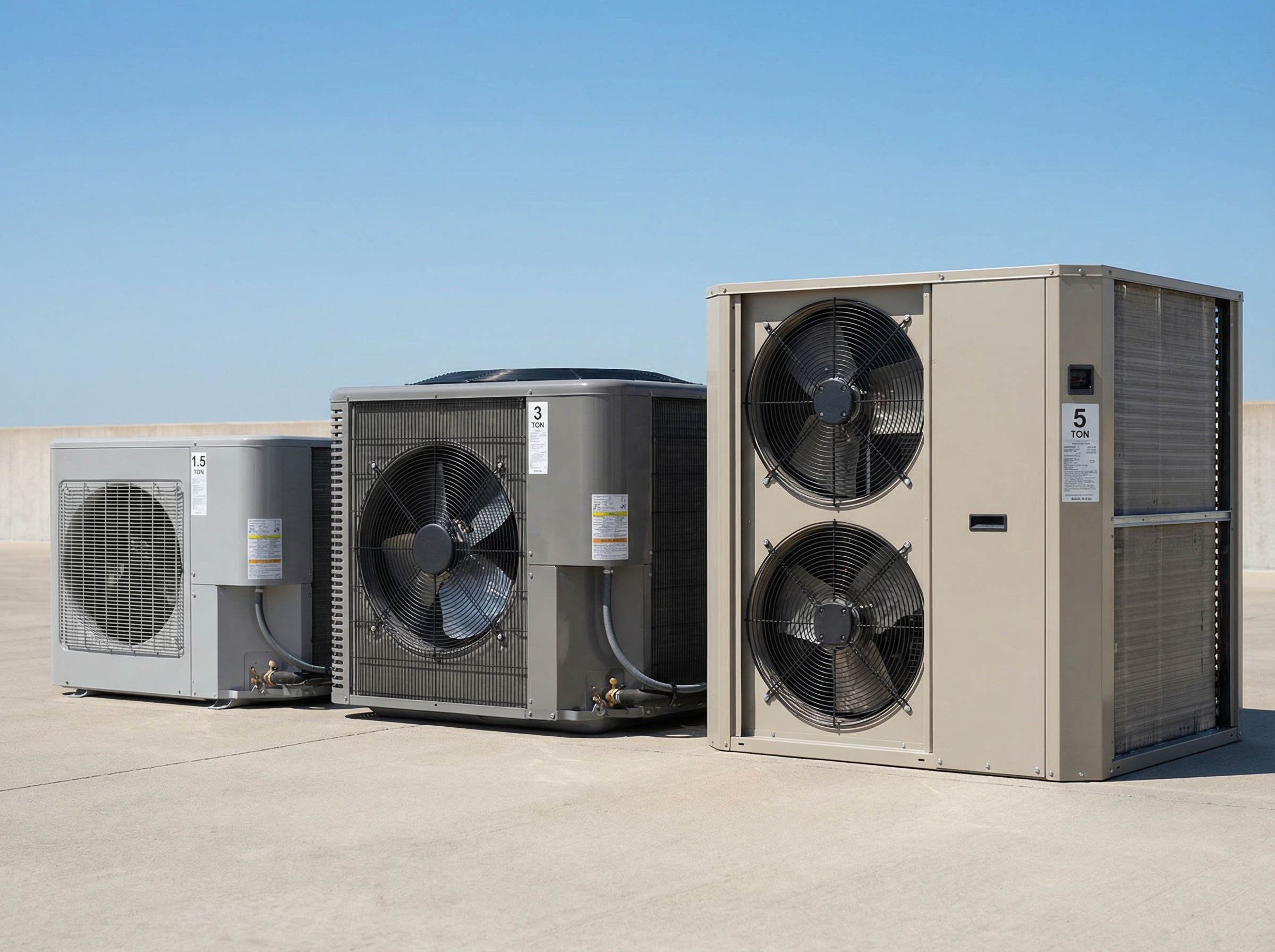 An array of different central air conditioning units, showcasing various sizes and types