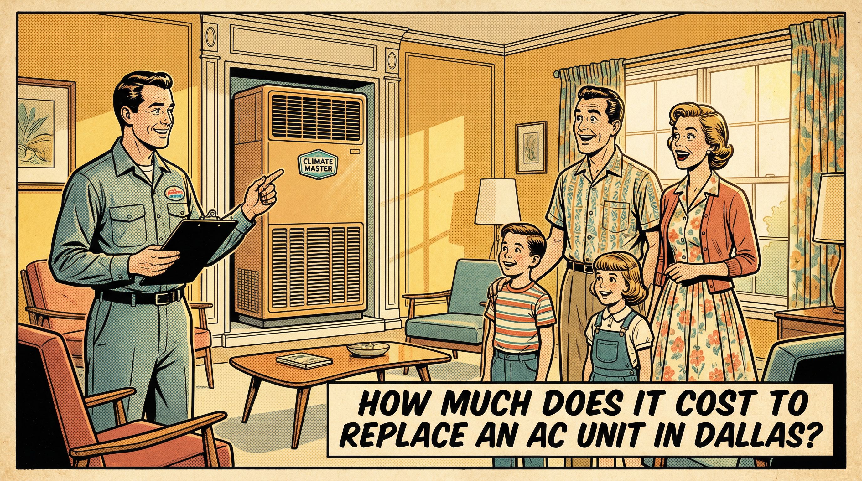 A family gathered around a technician in a bright, cheerful home living room as he explains the new central air conditioning 