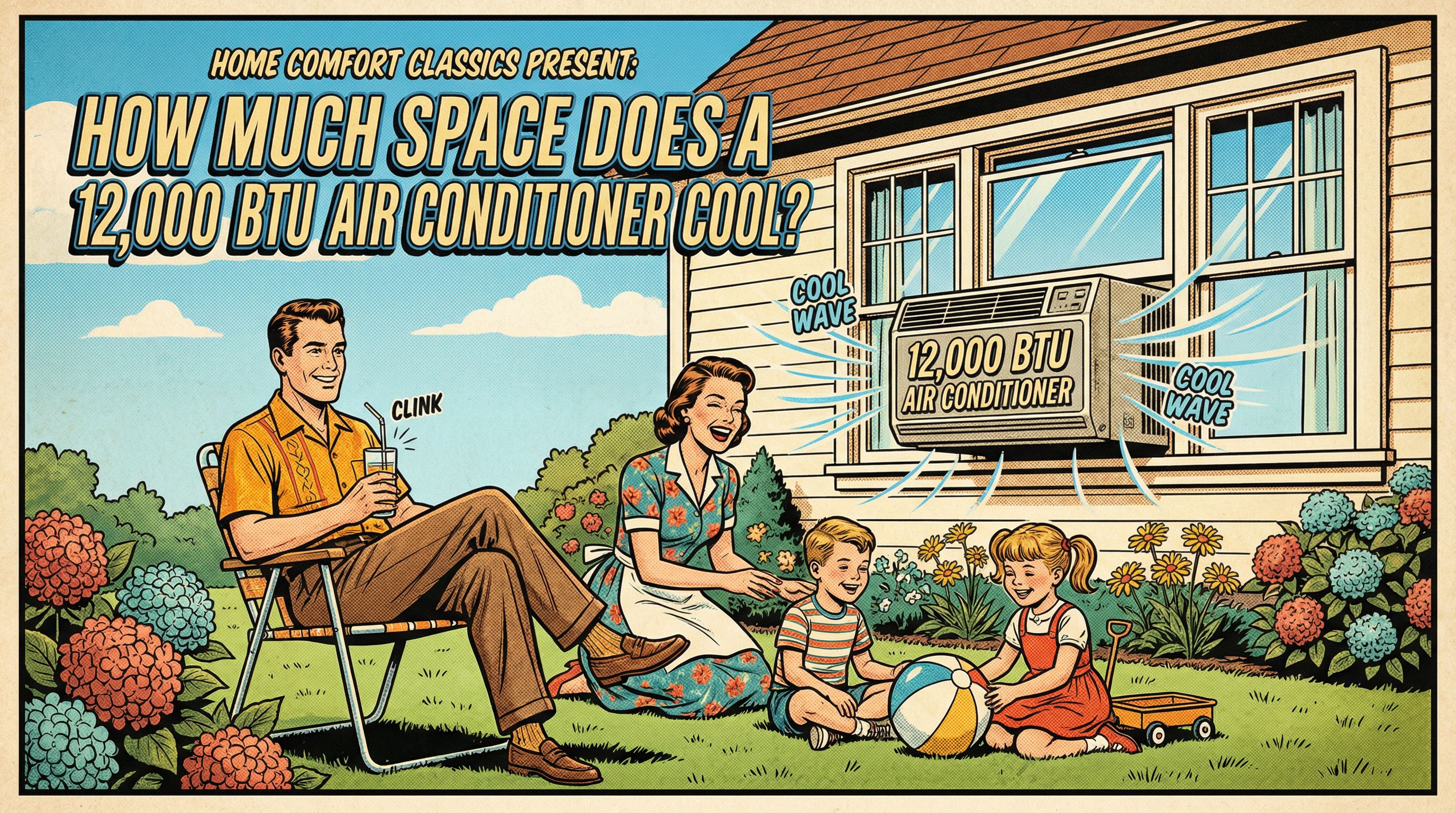 A vintage 1950s outdoor scene featuring a cheerful family enjoying a summer day in front of their home, with a 12,000 BTU air