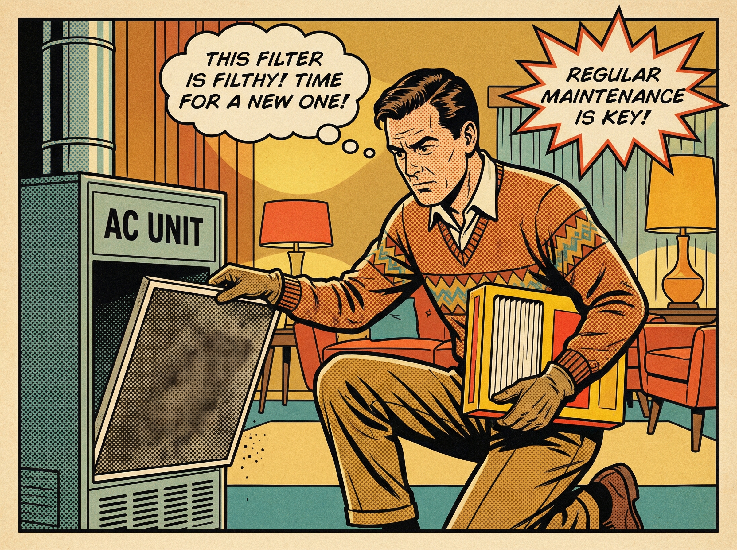 A middle-aged man is inspecting the central air conditioning filter in his home featuring HVAC maintenance and air conditione