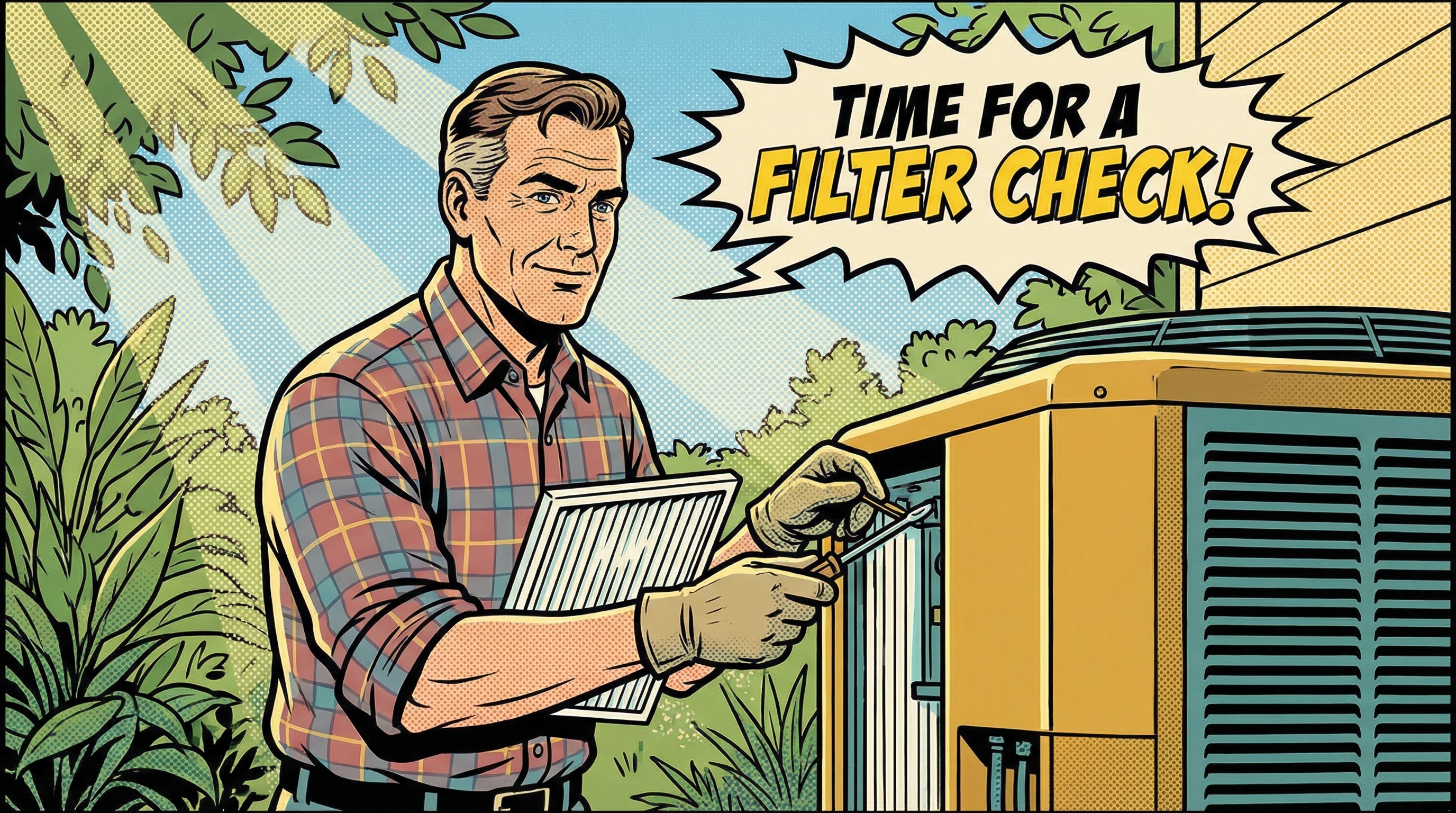 A homeowner, a middle-aged man with a confident expression, is standing beside a central air conditioning unit in a sunny bac