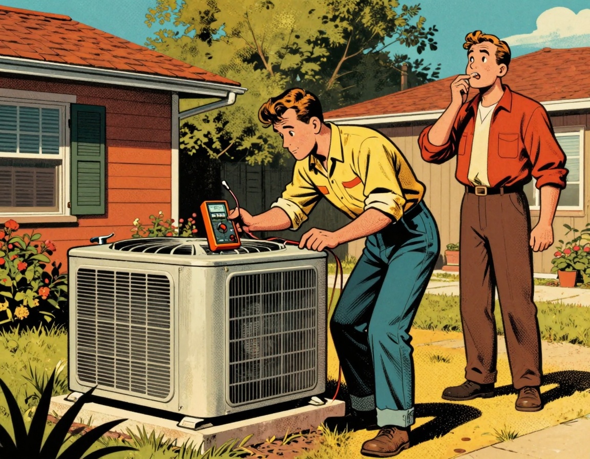 A skilled HVAC technician, wearing classic work attire, is diligently inspecting a central air conditioning unit located in t