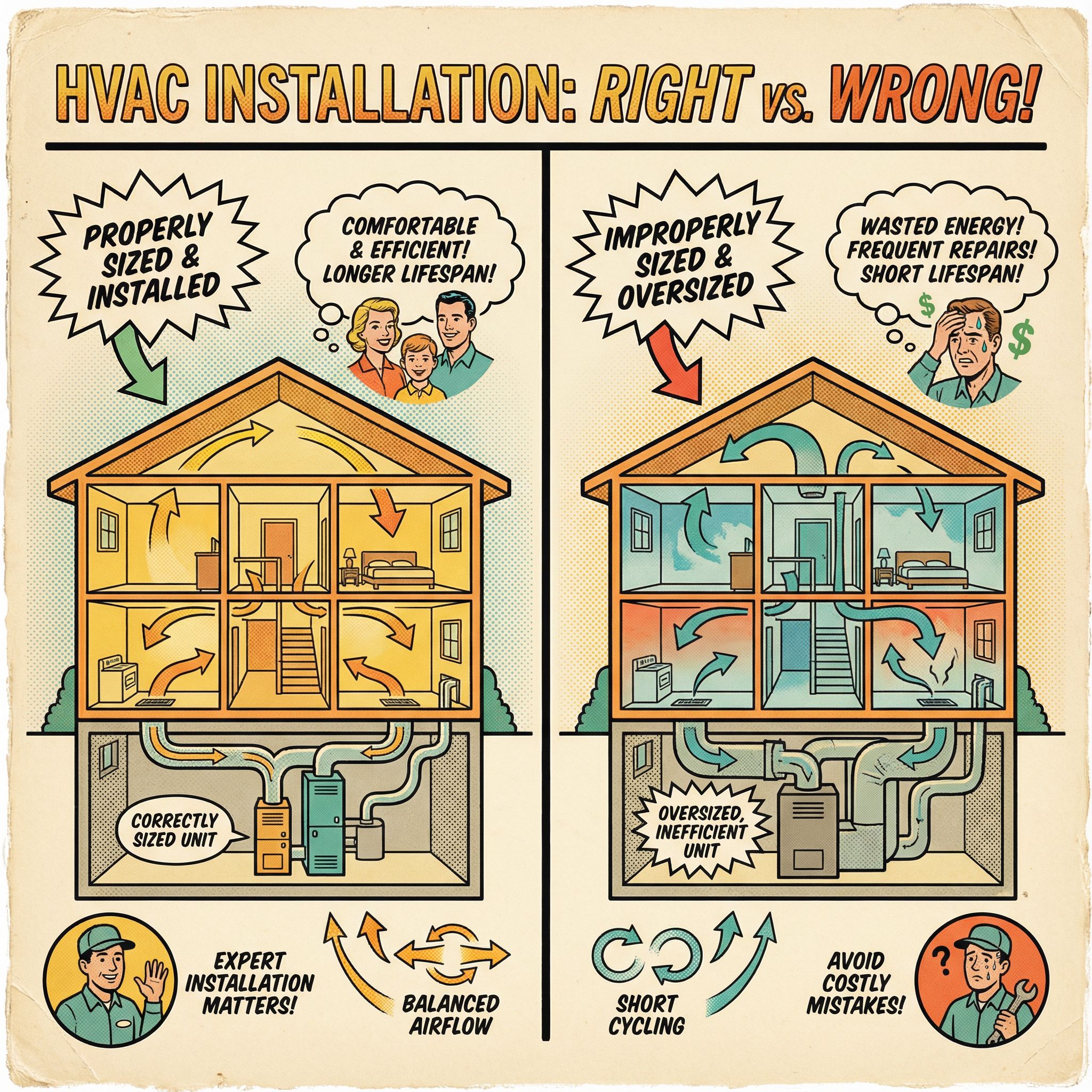A cross-section view of a properly installed HVAC system, showcasing key components such as the furnace, air handler, and duc
