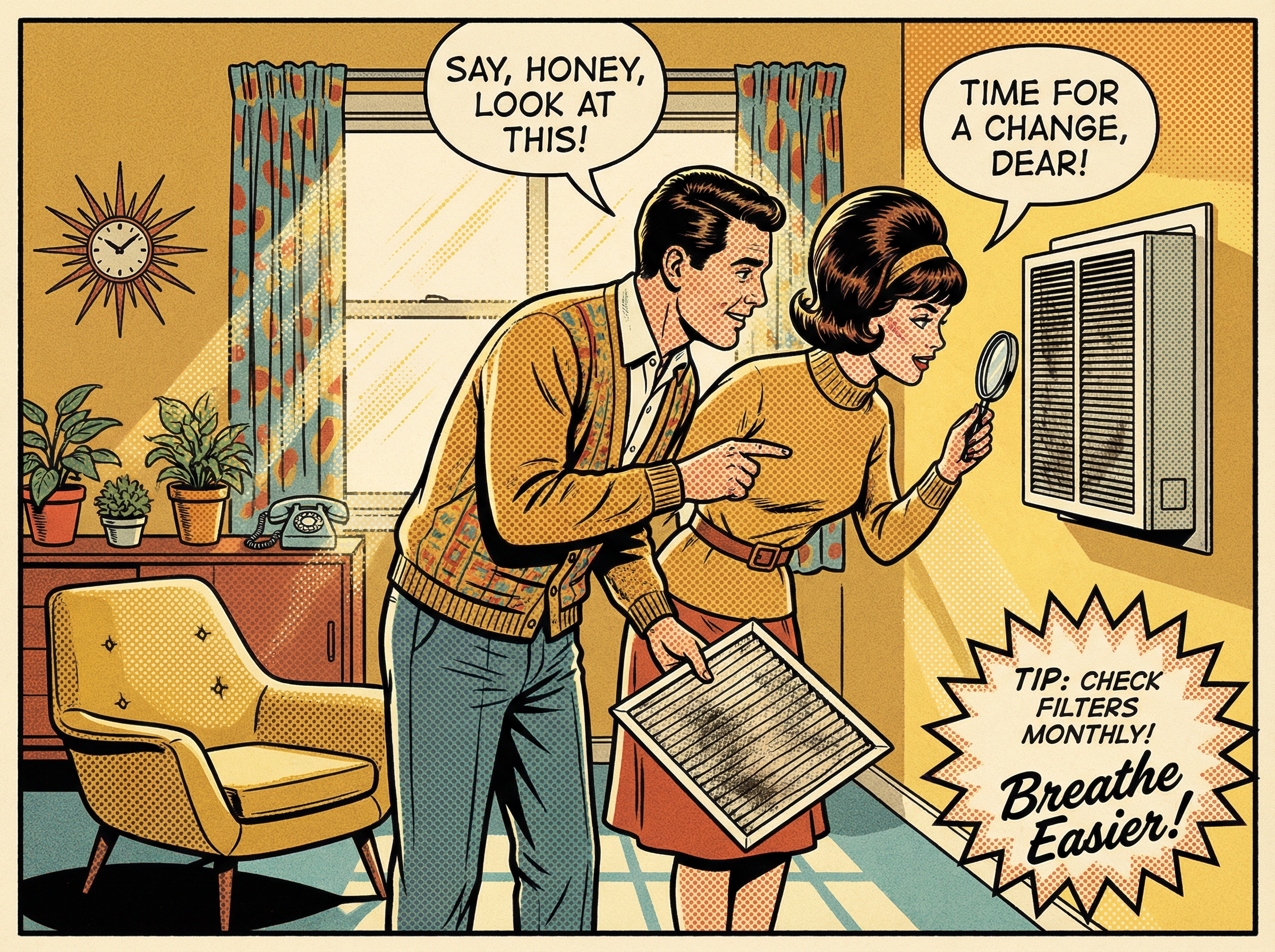 A mid-century American couple in their cozy living room, checking the HVAC air filter inside a wall-mounted unit