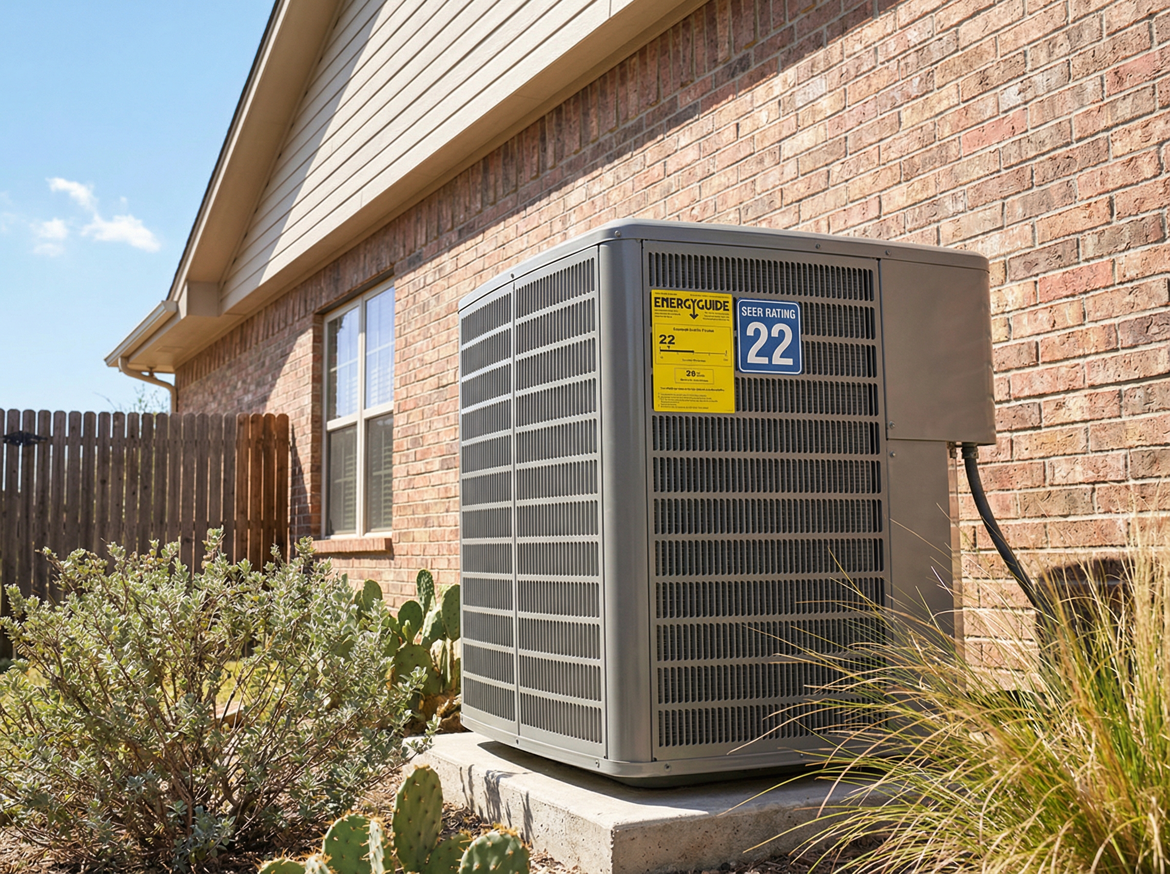 An air conditioning unit installed in a residential Texas setting, showcasing its exterior with warm sunlight illuminating th