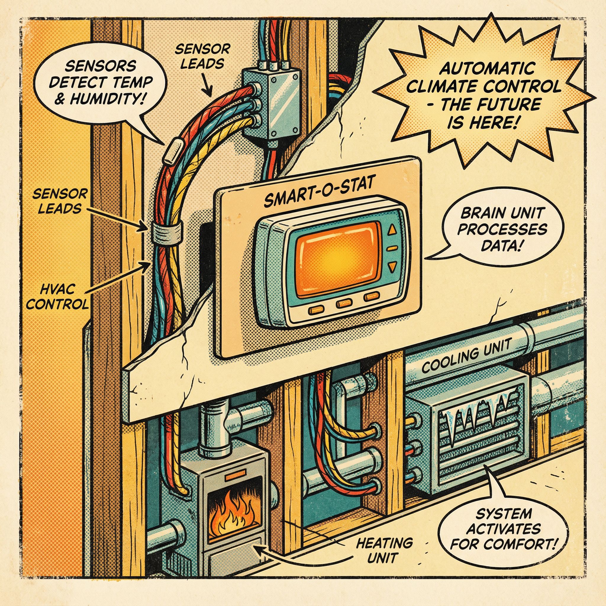 A cross-section view of a smart thermostat system integrated with HVAC components