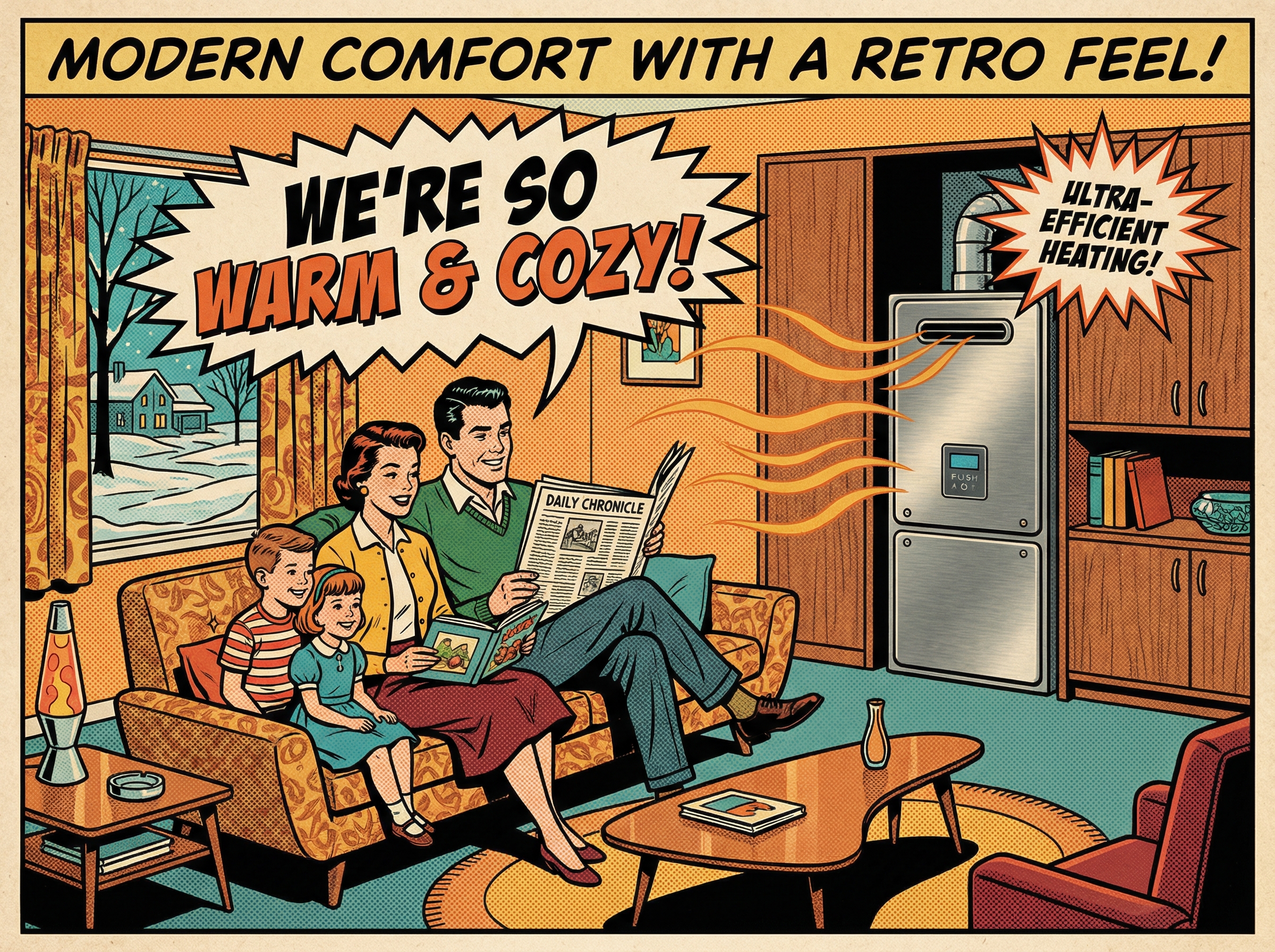 A family gathered in their cozy living room, comfortably enjoying the warmth from a high-efficiency gas furnace