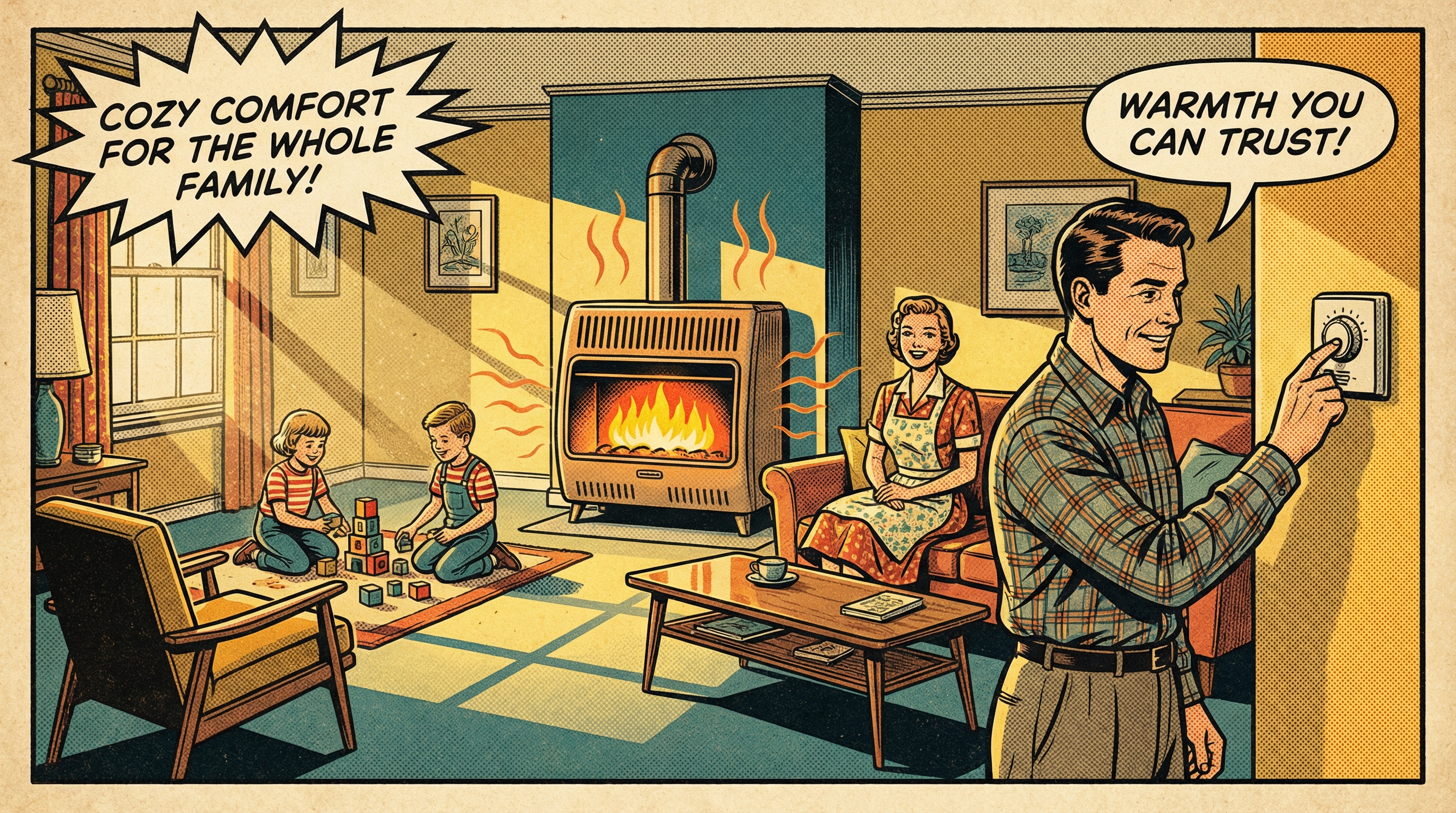 A family-friendly living room setting with a vintage-inspired gas furnace prominently displayed