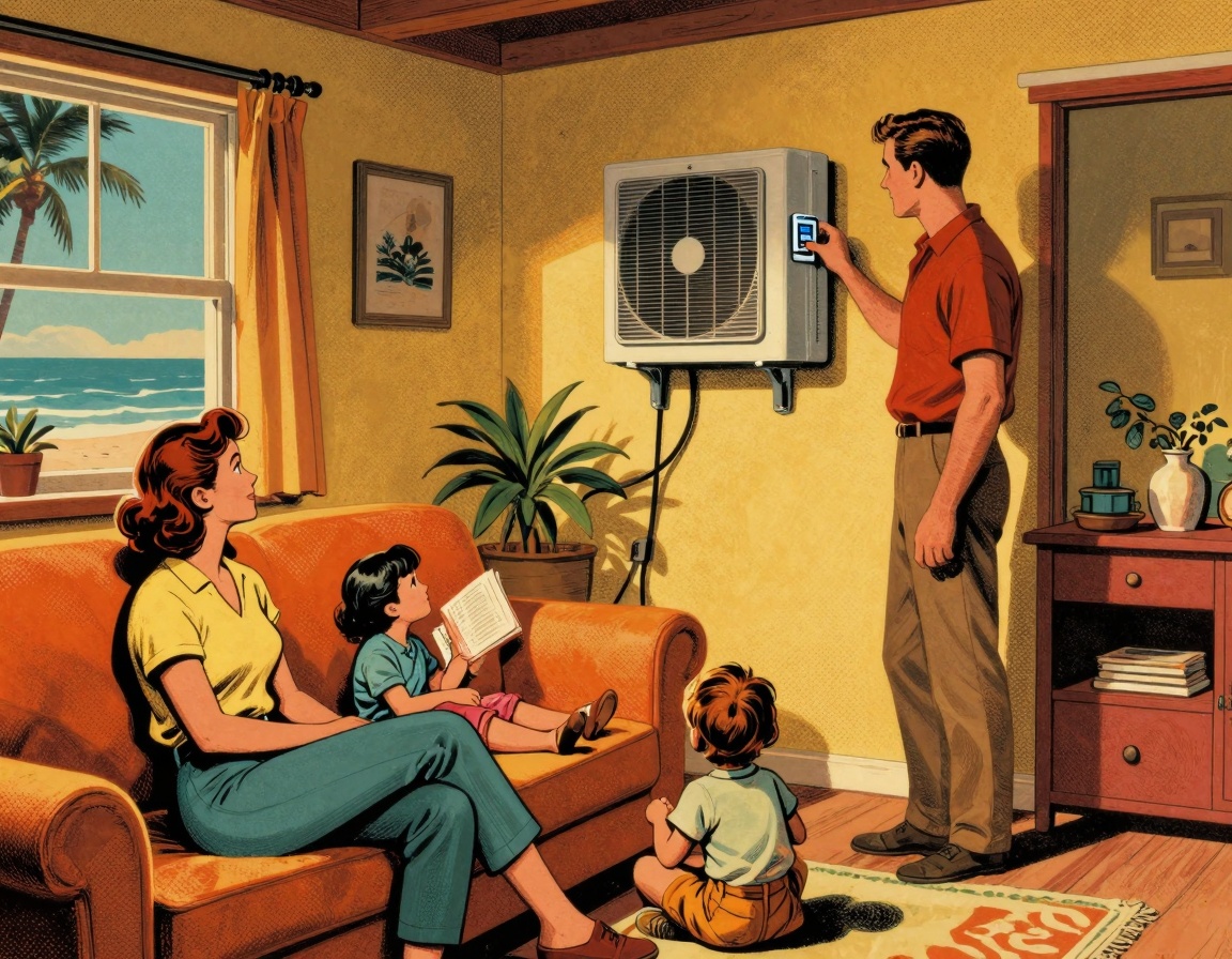 A family gathered in their coastal home, enjoying the comfort provided by a modern heat pump HVAC system