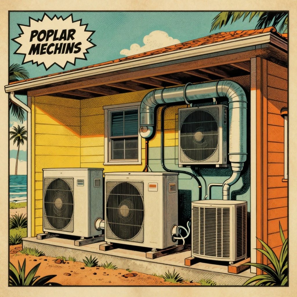 A cross-sectional view of a coastal home showcasing the installation of various HVAC systems, including a heat pump, split sy