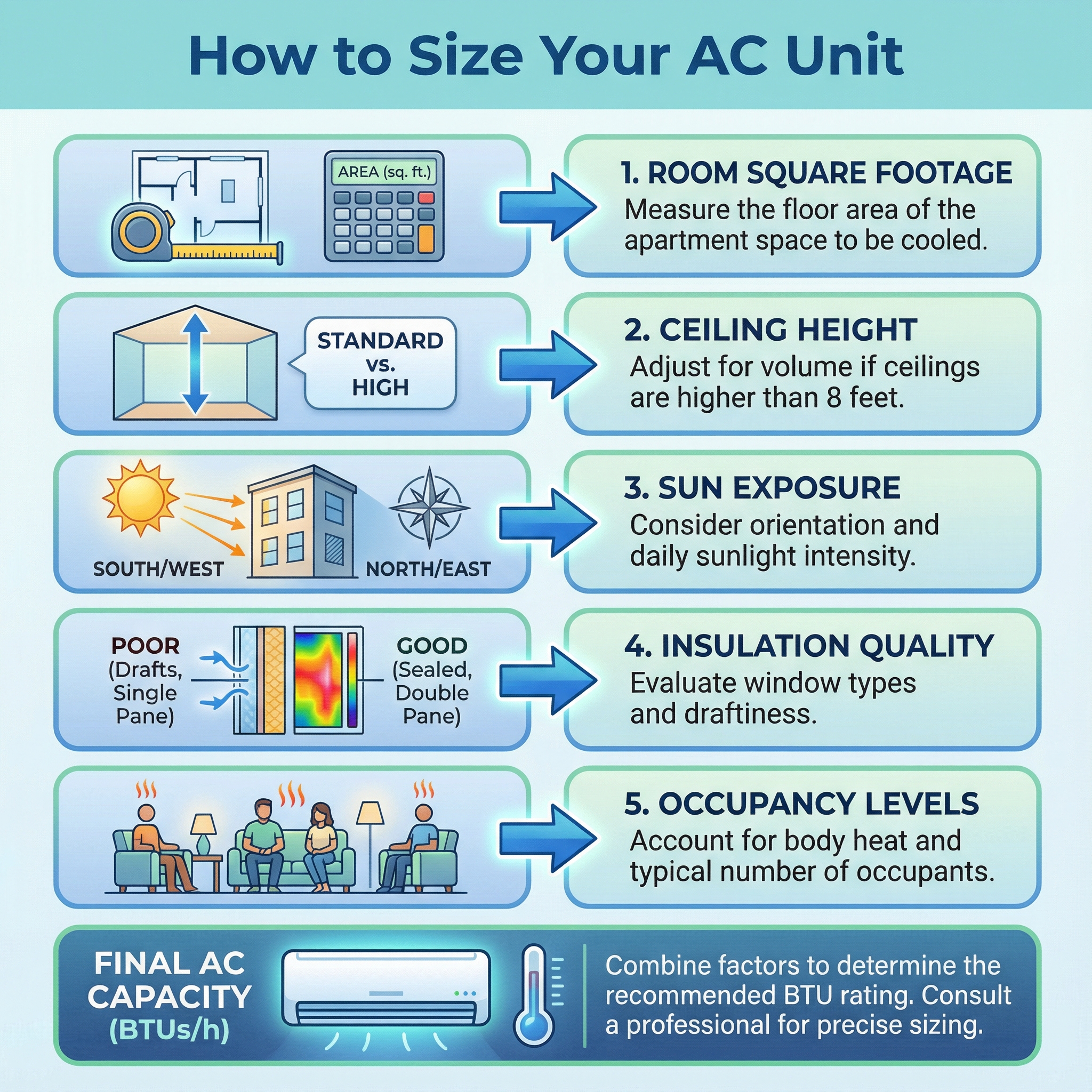 An informative infographic illustrating the process of properly sizing an AC unit for an apartment