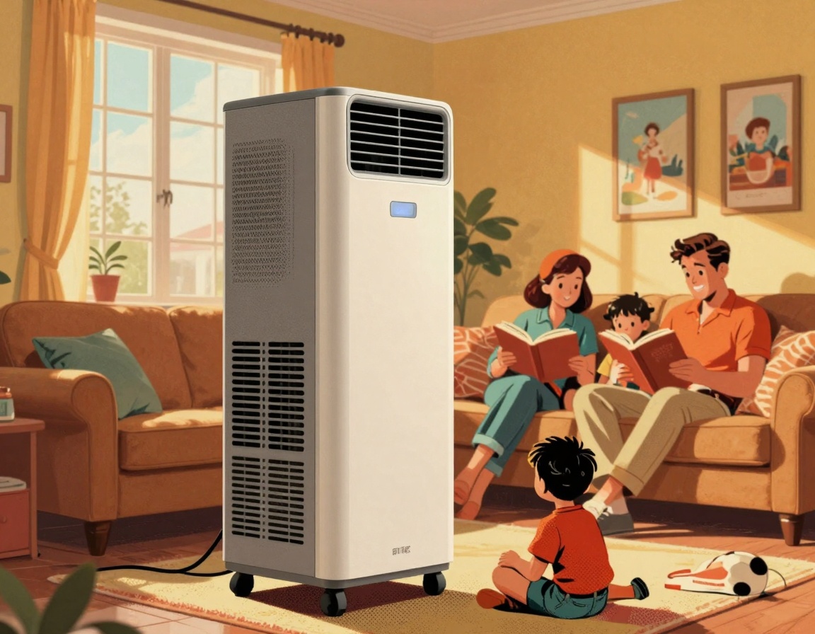 A cozy living room featuring a portable air conditioner positioned next to a large window