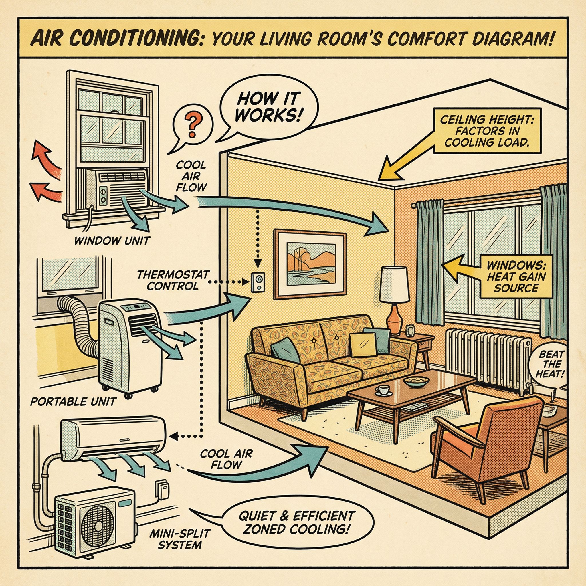 A vintage-style illustration depicting the concept of air conditioning systems and their components as they relate to the liv